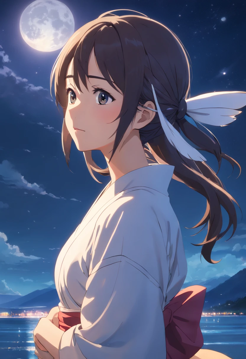 (best quality,4k,8k,highres,masterpiece:1.2),ultra-detailed,(realistic,photorealistic,photo-realistic:1.37),full moonlit night,under a starry sky,a beautiful mature Oriental woman with flowing long hair, wearing ethereal white ancient Chinese clothing, eyes brimming with tears, looking back with melancholy, holding a cute white bunny in her arms.
