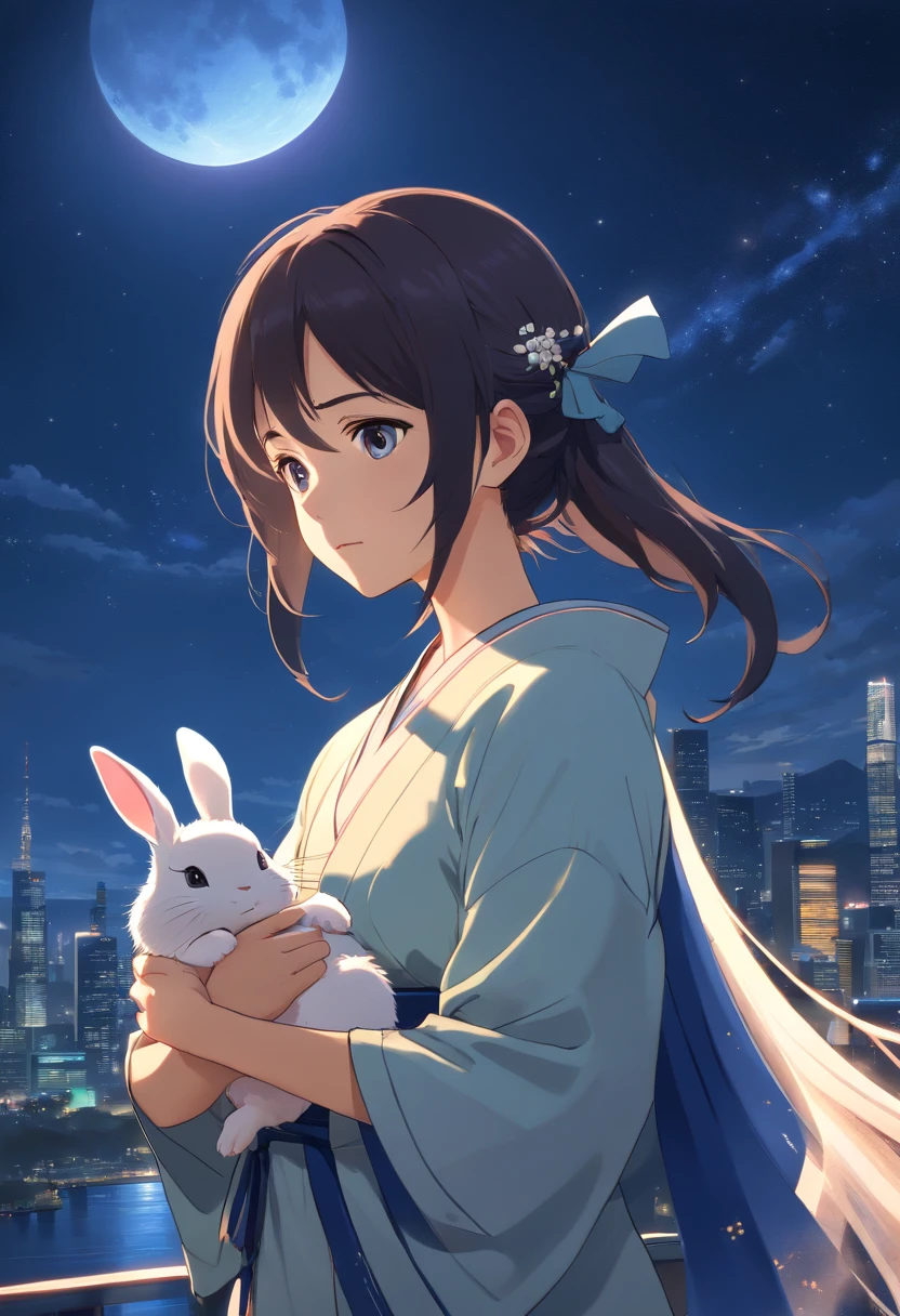 (best quality,4k,8k,highres,masterpiece:1.2),ultra-detailed,(realistic,photorealistic,photo-realistic:1.37),full moonlit night,under a starry sky,a beautiful mature Oriental woman with flowing long hair, wearing ethereal white ancient Chinese clothing, eyes brimming with tears, looking back with melancholy, holding a cute white bunny in her arms.
