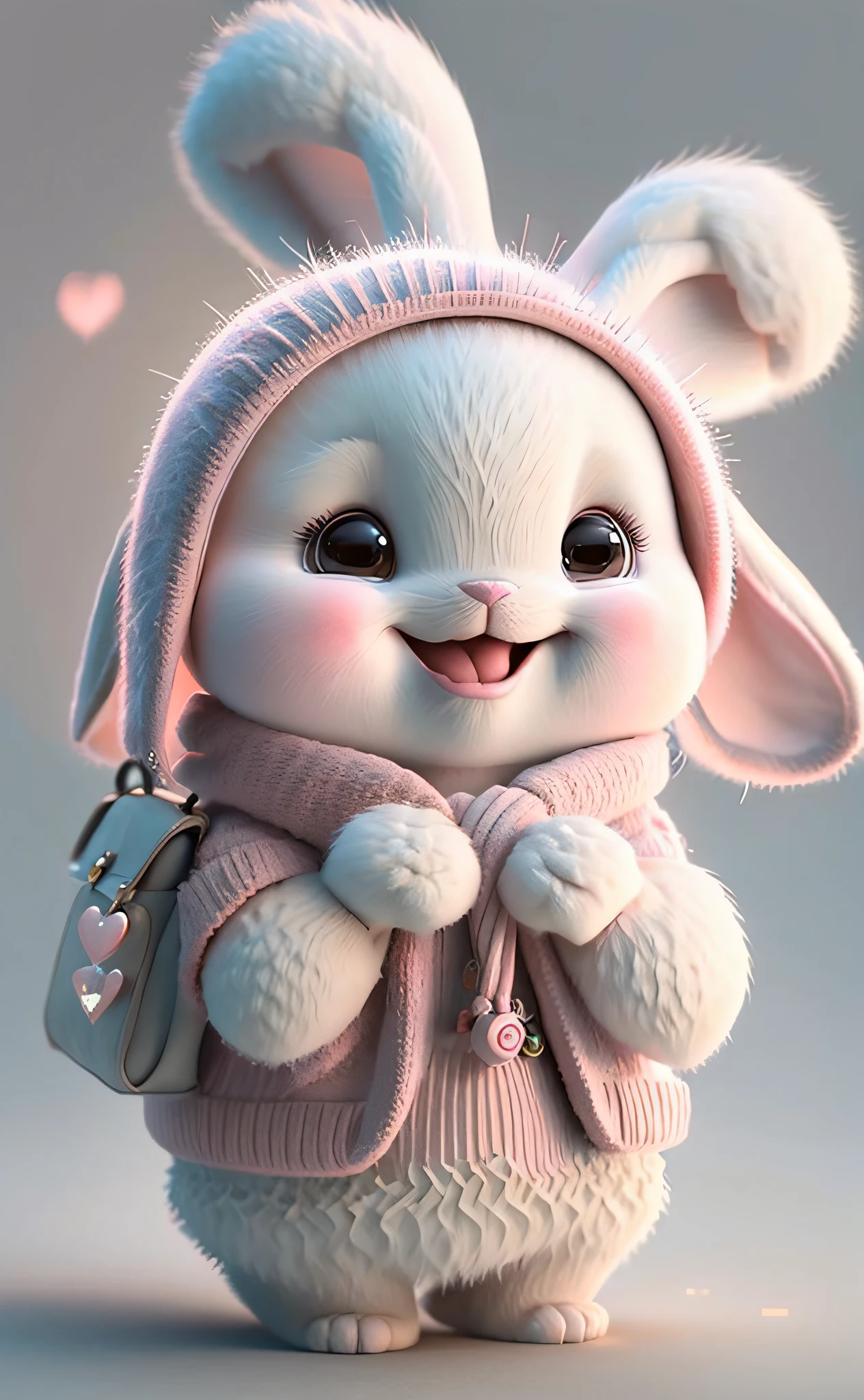 light background color, 3D rendering, a super cute light pink and white Pixar style fairy tale rabbit, holding an umbrella in hand, singing, smiling, sweet smile, lovely smile, with two lovely ears, sparkling fur, bright big eyes, fluffy hair, dressed in exquisite clothing, delicate and delicate, fairy tale, incredibly high detail, Pixar style, bright colors, natural light, full body portrait, 5 and ctane renderings