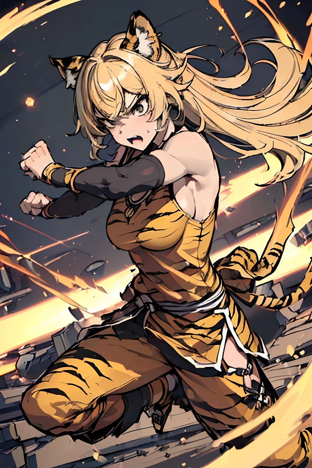 20yo 1girl, solo, (angry:1.2), small chest, (muscular:1.2), (blonde long hair, tiger print bang:1.2), (tiger ears, locket necklace, triangle locket:1.2), (tiger print long pant, tiger print elbow gloves, black knee boot:1.2) full body, (fighting stance, kung fu, kung hu pose, kung fu action, dynamic angle, battle, The girl is attacking at great speed, high speed action, the girl is moving at great speed, afterimage:1.4), ( light particles, motion lines, speed lines, motion blur, The girl's hair flutter wildly in the wind, high speed:1.4), (fantasy, rubble, Burning, medieval European fantasy world:1.4),
