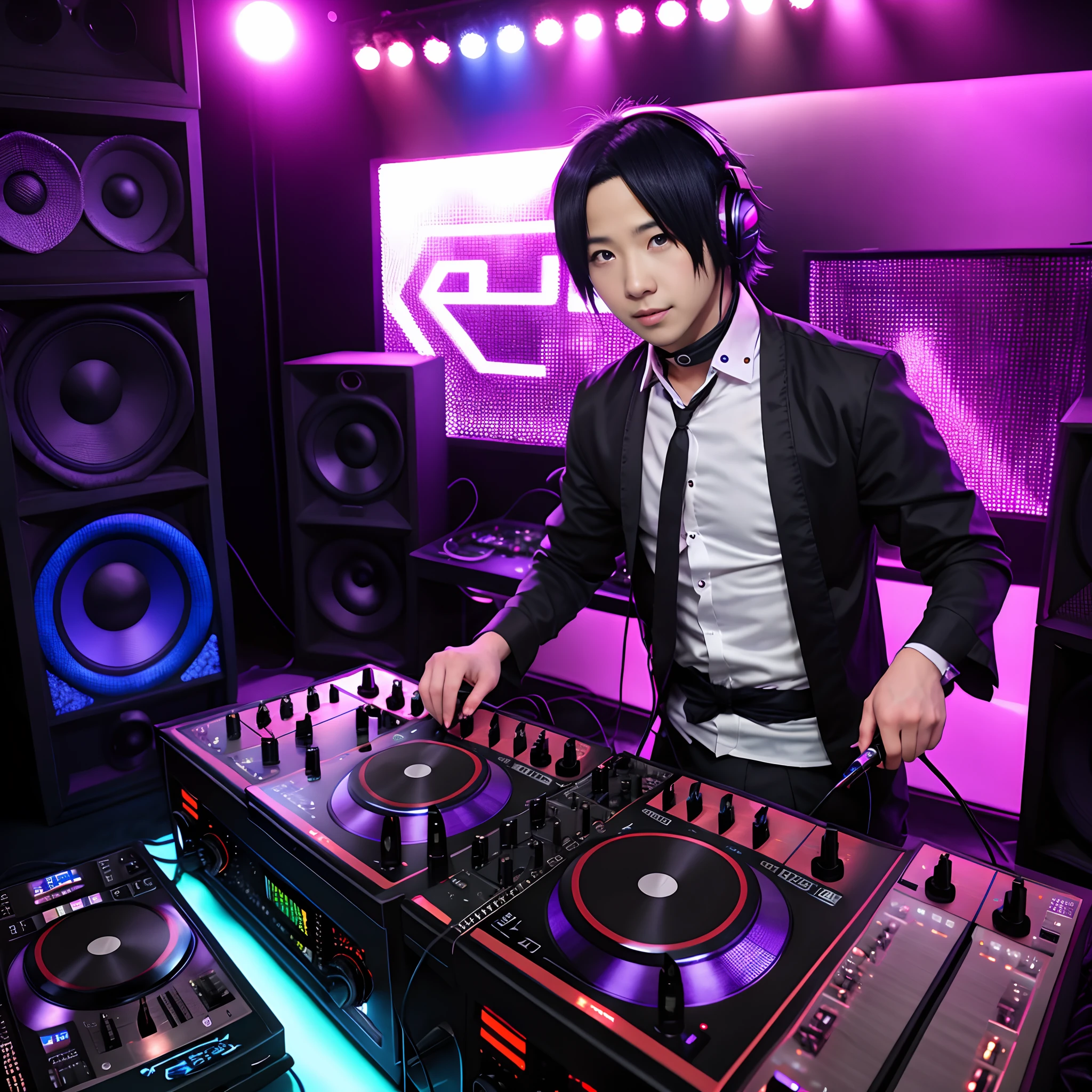 Handsome Sasuke cosplay wearing DJ clothes complete with DJ equipment