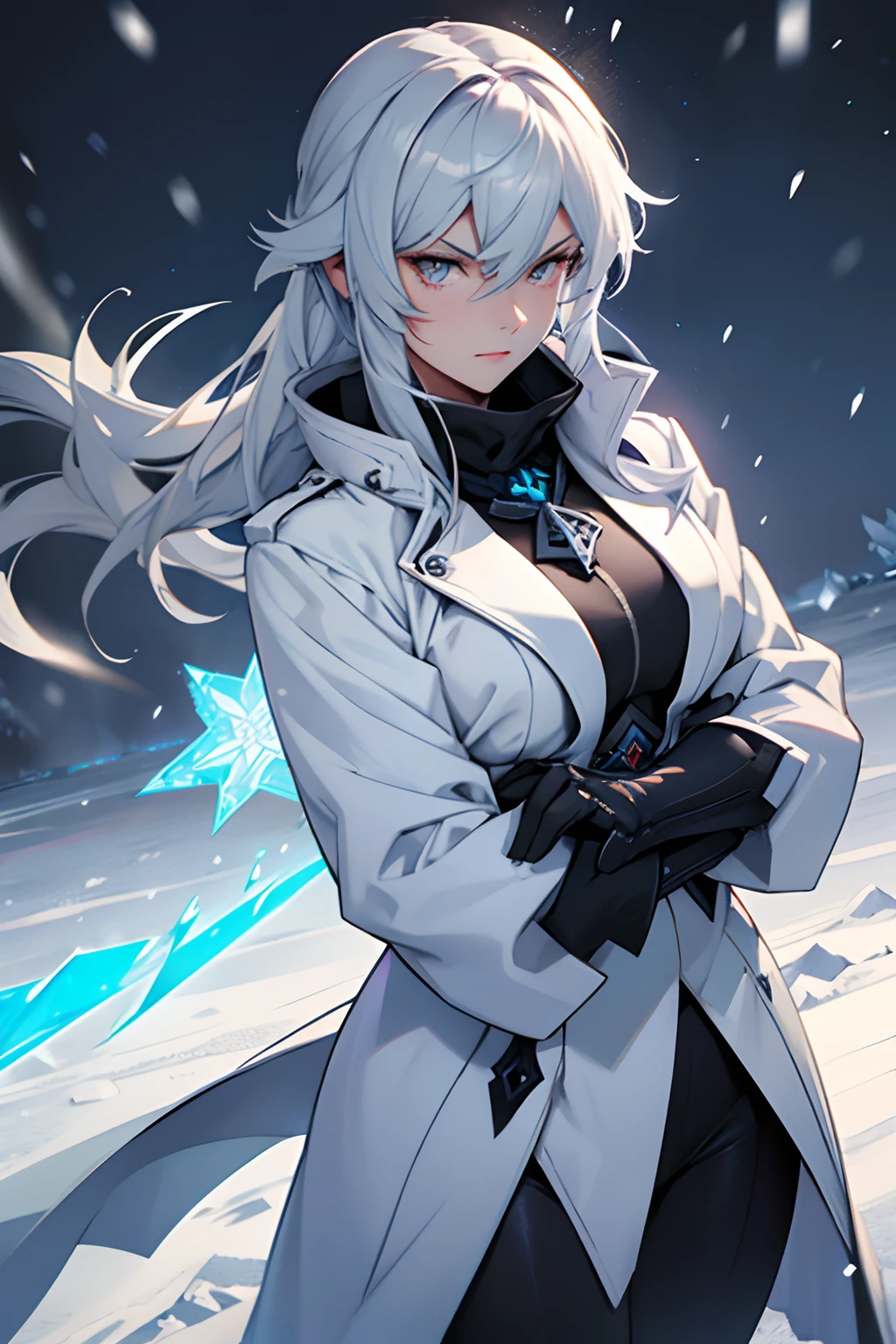 white eyes, dark silver hair medium a little bit light blue pastel, velvet clothes, overcoat, young, tights, russian, genshin-impact, ice vision, catalyst, cold gaze, snow, archon, hot woman, mommy vibes, 27 years old, badass, with a big ice sword powers, with ice powers, fatui, background with too much snow, too much blizzard in the background, snow plain in the background, dominant, serious, bold and cold