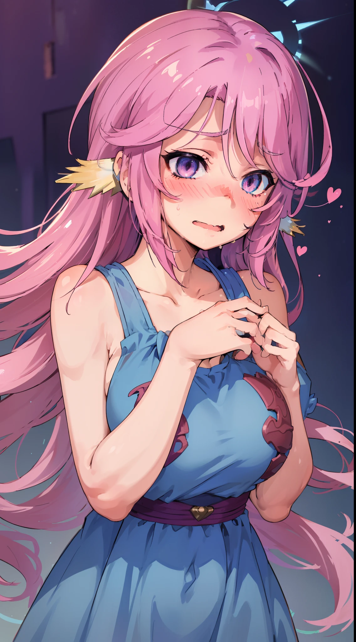 Jibril, ((upper body)), blushed, perfect anatomy, detailed eyes, detailed lips, extremely detailed eyes and face, vivid colors, sharp focus, masterpiece:1.2, ultra-detailed, blushed, ((doggystyle)), (solo), ((blue dress)), sleeveless, ((hairstyle)), (((rape face, holding breath))), looking at viewer