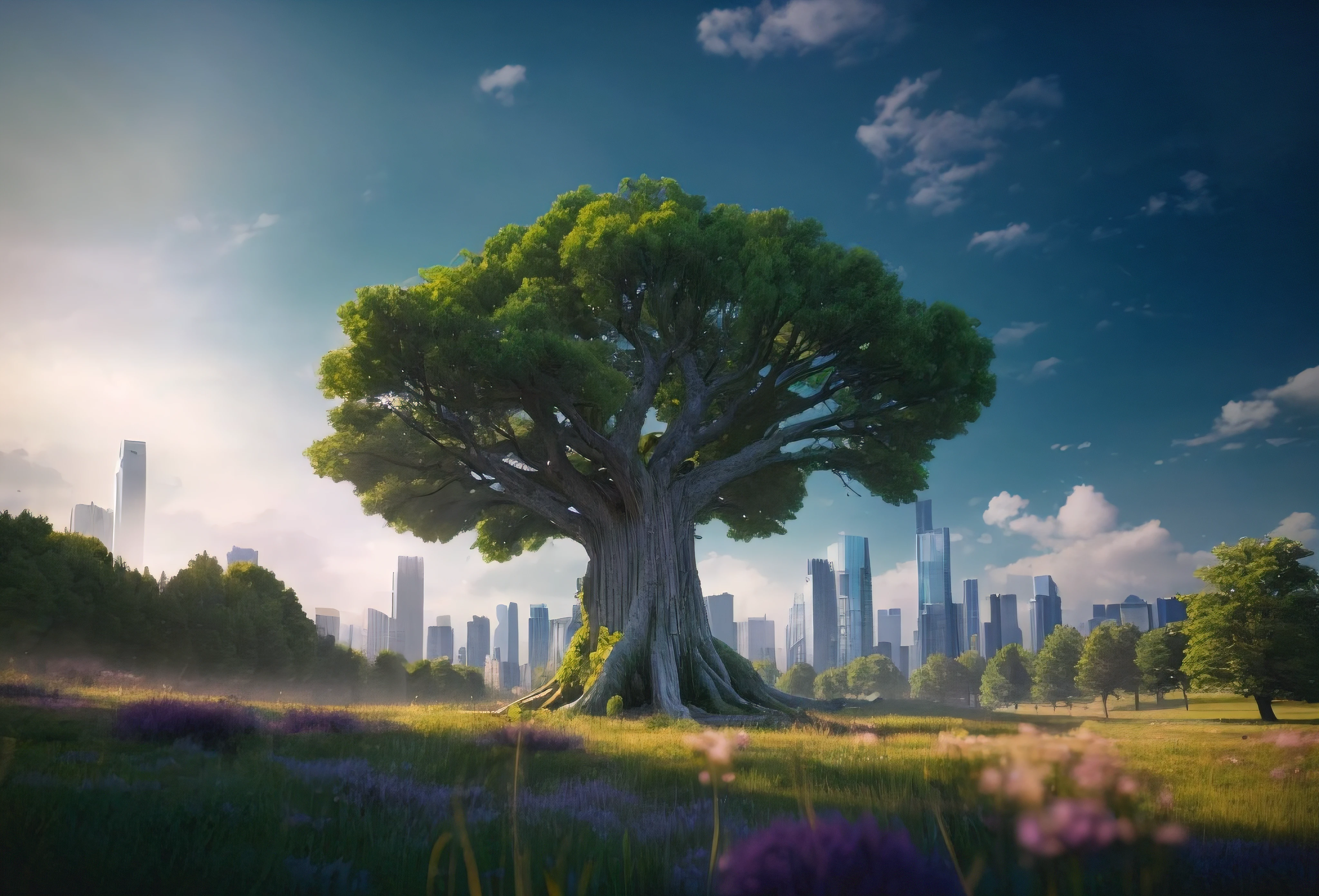 an old tree in the middle of a meadow. In the distance is the fresh modern city