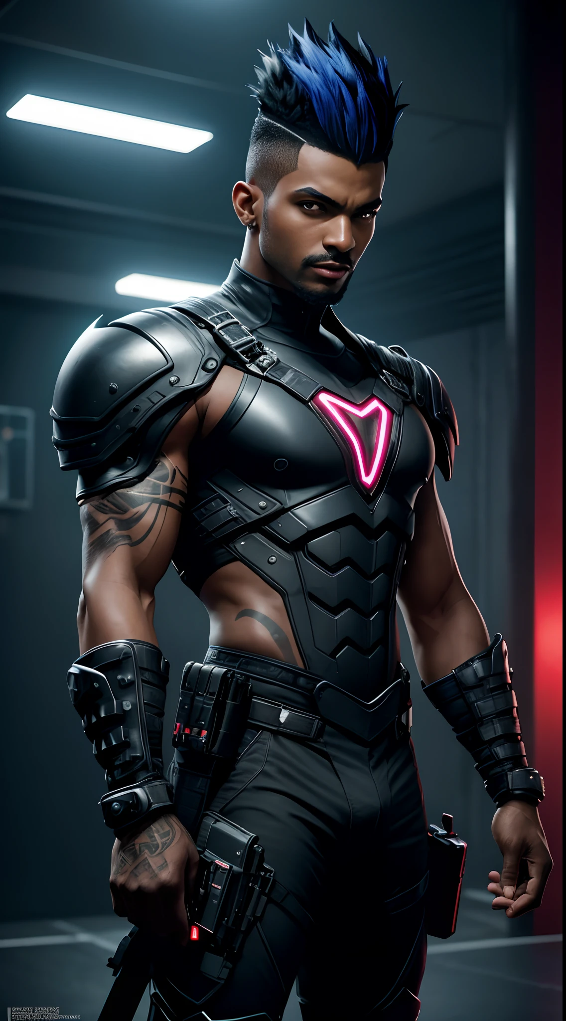 In a Cinematic Photography style, 1man, dark ebony Skin, A defiant rebel in every sense, Rico stands out with his bright neon mohawk and animated tattoos that dance on his skin. Always seen with various tech devices strapped to him, neon highlights, A tattoo of a silhouetted raven, Exotic looking translucent and metallic armor, neon trims, adaptive fit, skin-tight stealth suit, a compact crossbow, looking directly at the camera, (Realistic skin texture: 1.1), seduction, perfect body, highly detailed, 8K resolution, ultra realistic, Gothic, fantasy, Divine, Clean, Rich, prestige, Fantastic, supreme, apex, Supreme, uncropped, (8k, Best Quality, Cinematic Masterpiece: 1.2), (Realistic, Photorealistic: 1.37), Super Detailed, 1 man, Cute, Alone, Night, Date, (smile: 1.15), (close mouth), beautiful details, (no shirt: 1.1), night, (Short Hair: 1.2), floating Hair NovaFrogStyle, centered, forward facing.