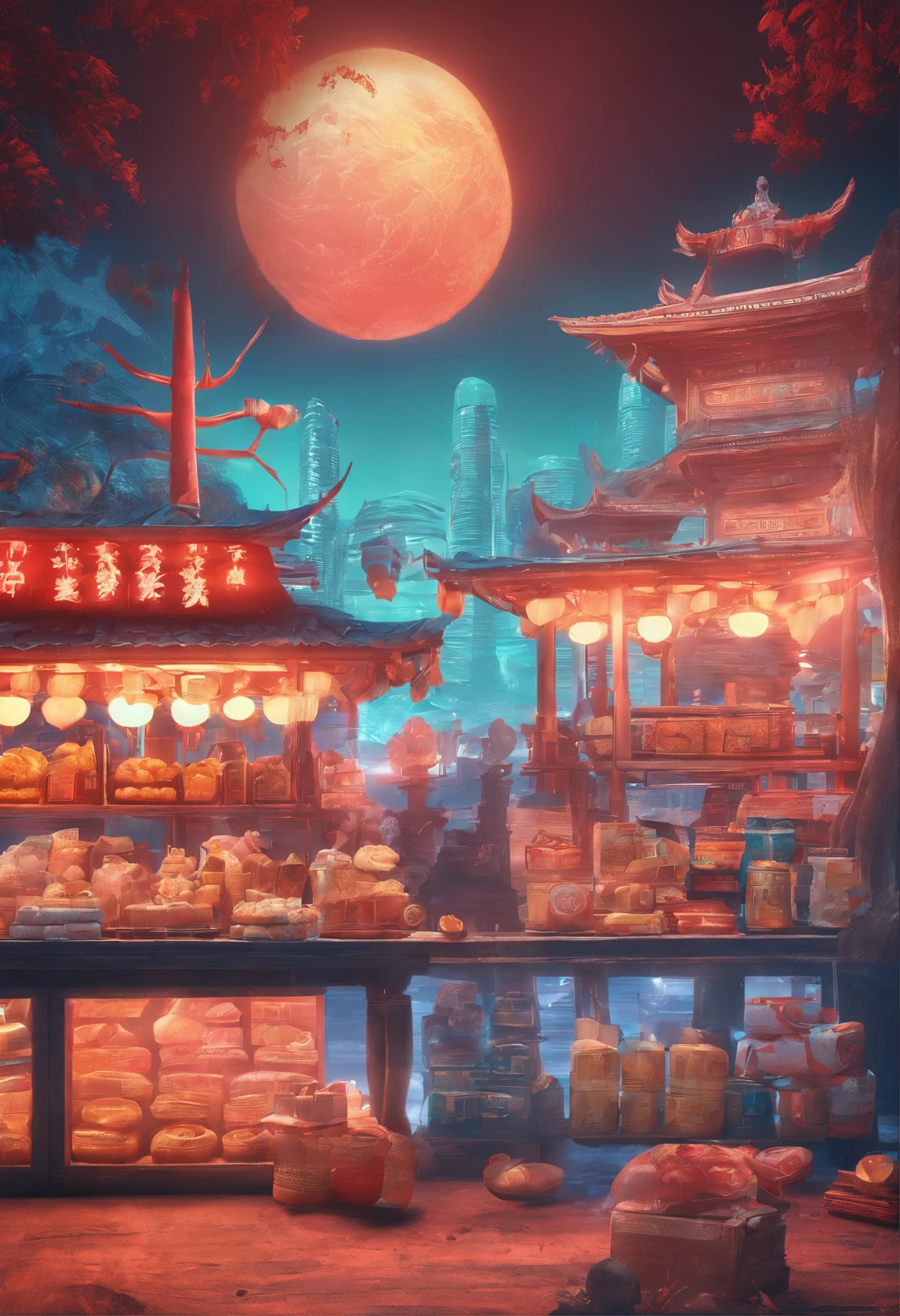 4K,Commercial shooting, Shoot from a retro perspective,during night,Huge Full Moon,A small amount of smoke,The main object is a bottle of coconut milk,A small amount of Cantonese egg yolk mooncakes, Mooncake size, poster for, Fresh style background, , Booth lighting, Attractive, photorealistic colors, Ultra HD,tmasterpiece,romanticism lain,anaglyph, Atmospheric perspective, Ray tracing, Minimalism, Ray tracing, Close-up, 8K, Super detail, ccurate, Best quality, hyper HD