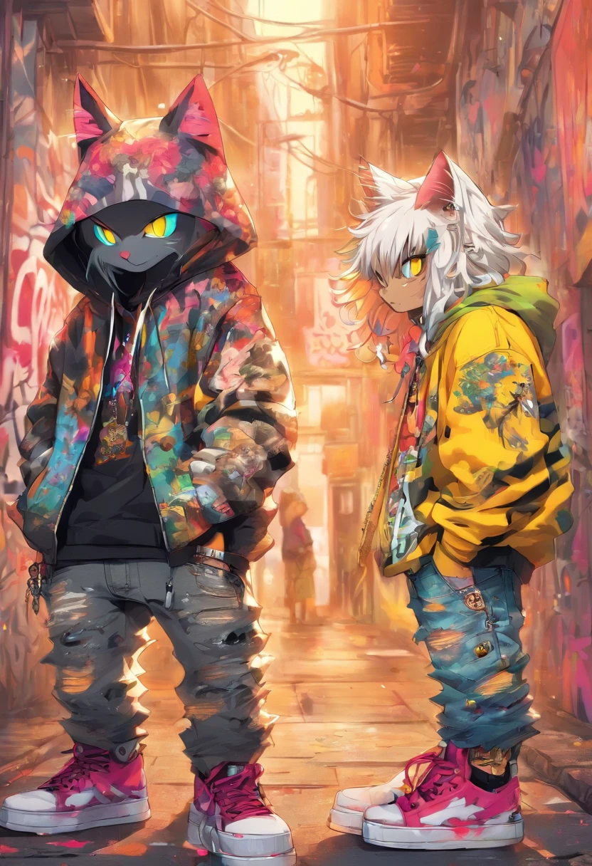 2 cool and trendy cats talking to each other, white hair, yellow eyes, wearing trendy hip hop clothing, wearing a hoodie, graphic t-shirt and torn jeans, tons of tattoos and piercings, graffiti style background, highly detailed background, perfect masterpiece, high quality, high resolution