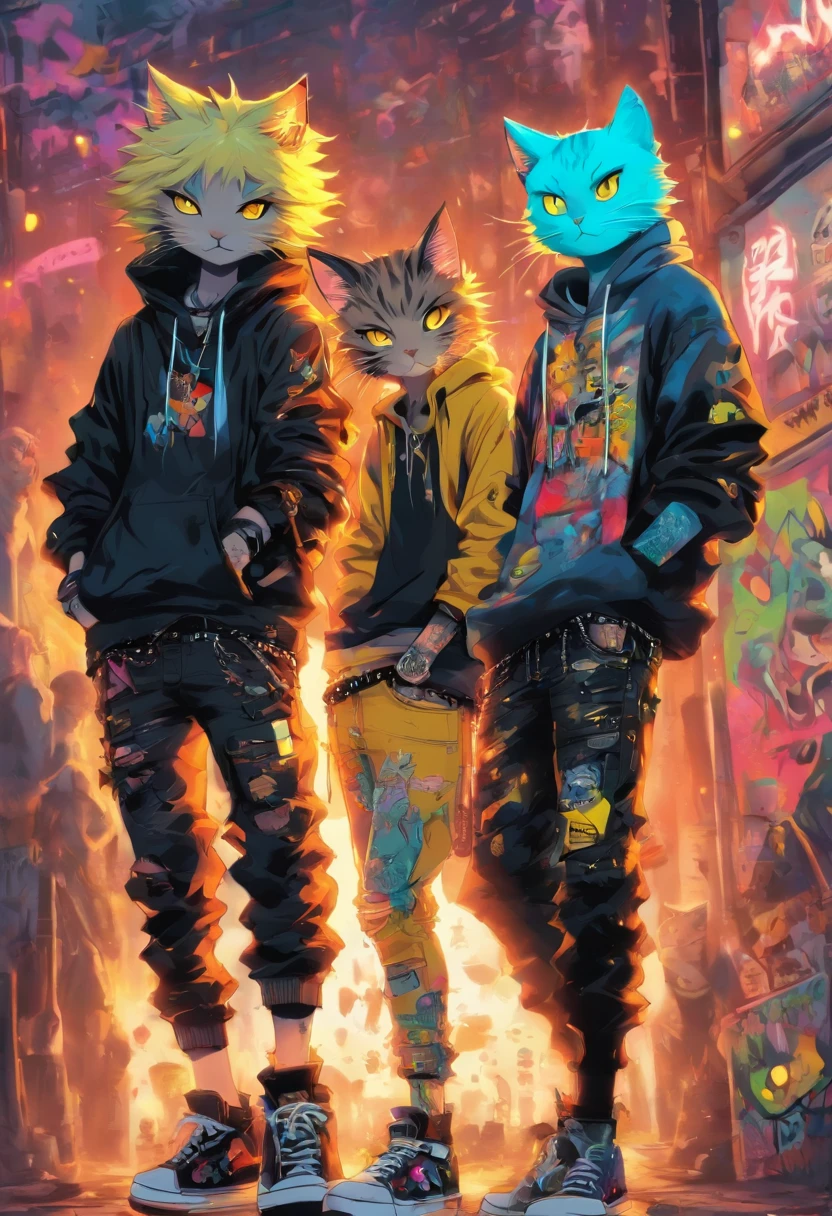 2 cool and trendy cats talking to each other, white hair, yellow eyes, wearing trendy hip hop clothing, wearing a hoodie, graphic t-shirt and torn jeans, tons of tattoos and piercings, graffiti style background, highly detailed background, perfect masterpiece, high quality, high resolution