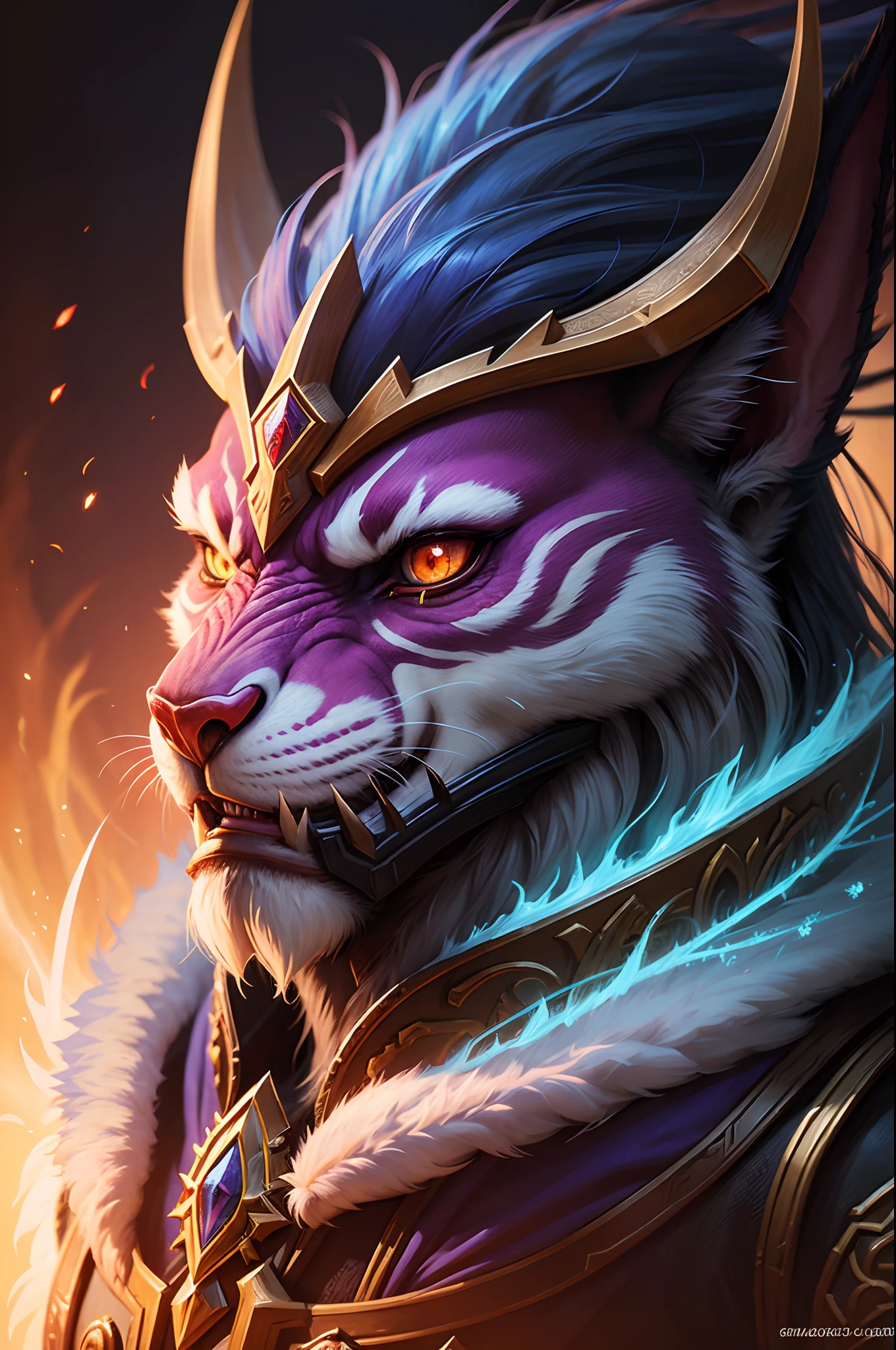 Graphics depicting a Warcraft character, in the style of hyper-realistic animal illustrations, gaudy and grotesque, Light indigo and red, Himalayan art, Detailed atmospheric portraits, close up, Epic fantasy scenes