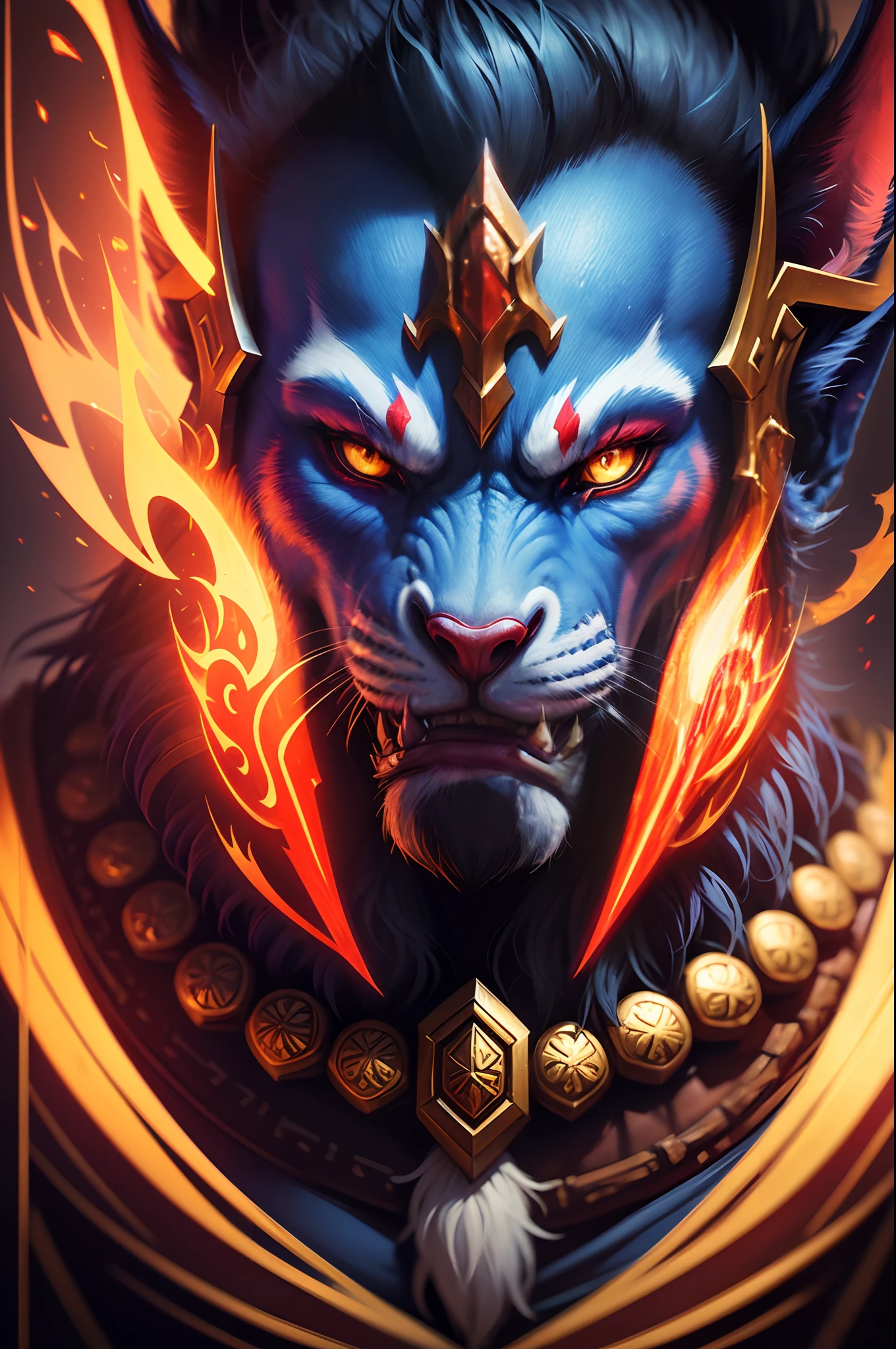 Graphics depicting a Warcraft character, in the style of hyper-realistic animal illustrations, gaudy and grotesque, Light indigo and red, Himalayan art, Detailed atmospheric portraits, close up, Epic fantasy scenes