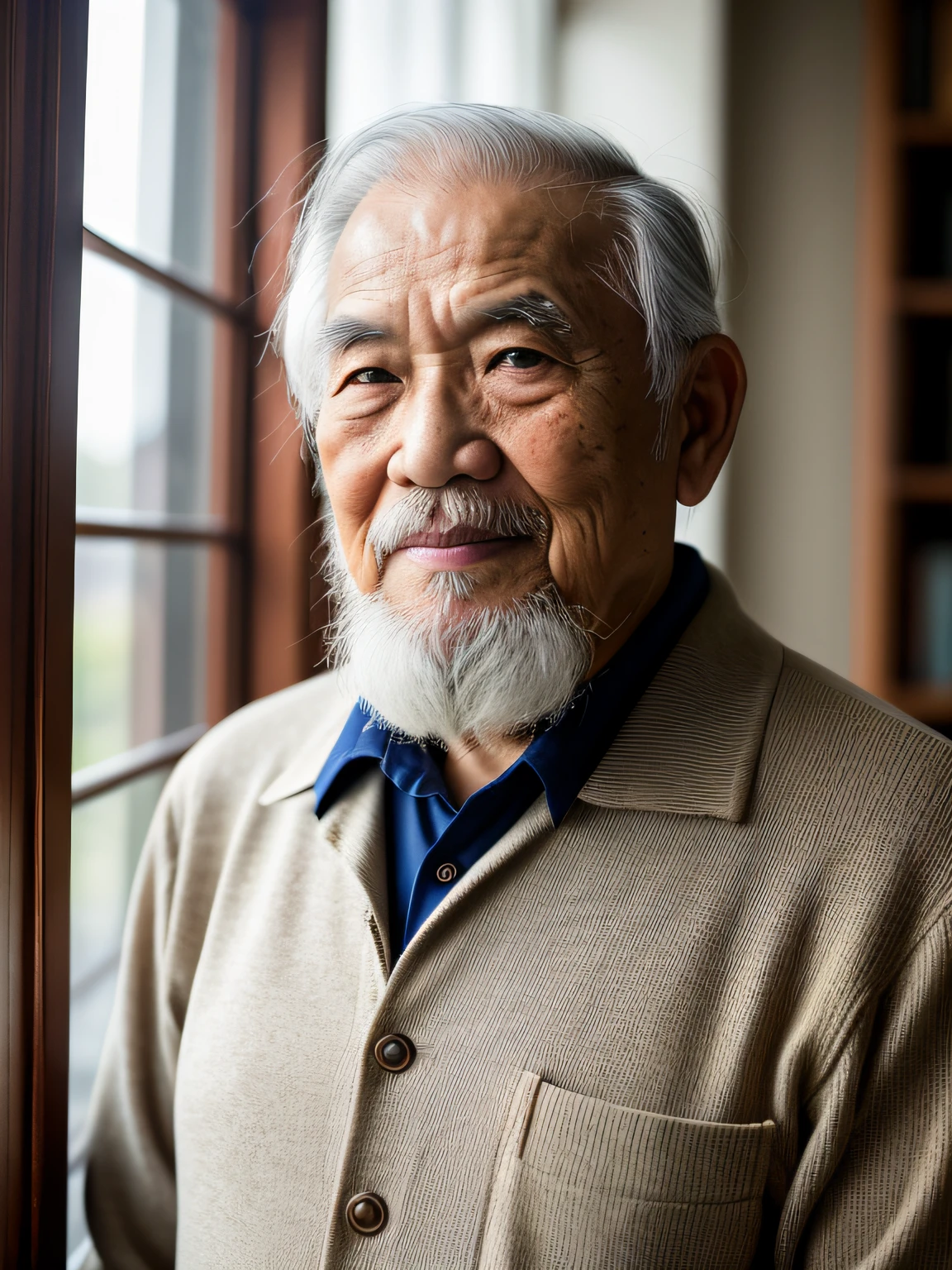 Hyper-Resolution, Ultra photo realsisim, cinema shot, Portrait of an 80-year-old Asian father,Look at the viewer,Elderly father,Books in hand,Spiritual elderly,Single image,Thin and thin, Old blue eyes, Short white hair,White Viking beard, Narrow face,dark-skin, Wide shoulders, Weathered by sunlight and water, Gold pattern royal twin peaks, The Royal Chambers camera is focused on the eye, High focal length, Bust photo,Faraway view,Digital SLR, Dark Studio, rim lit, twotonelighting, Dimly lit, low tune, Backlight,