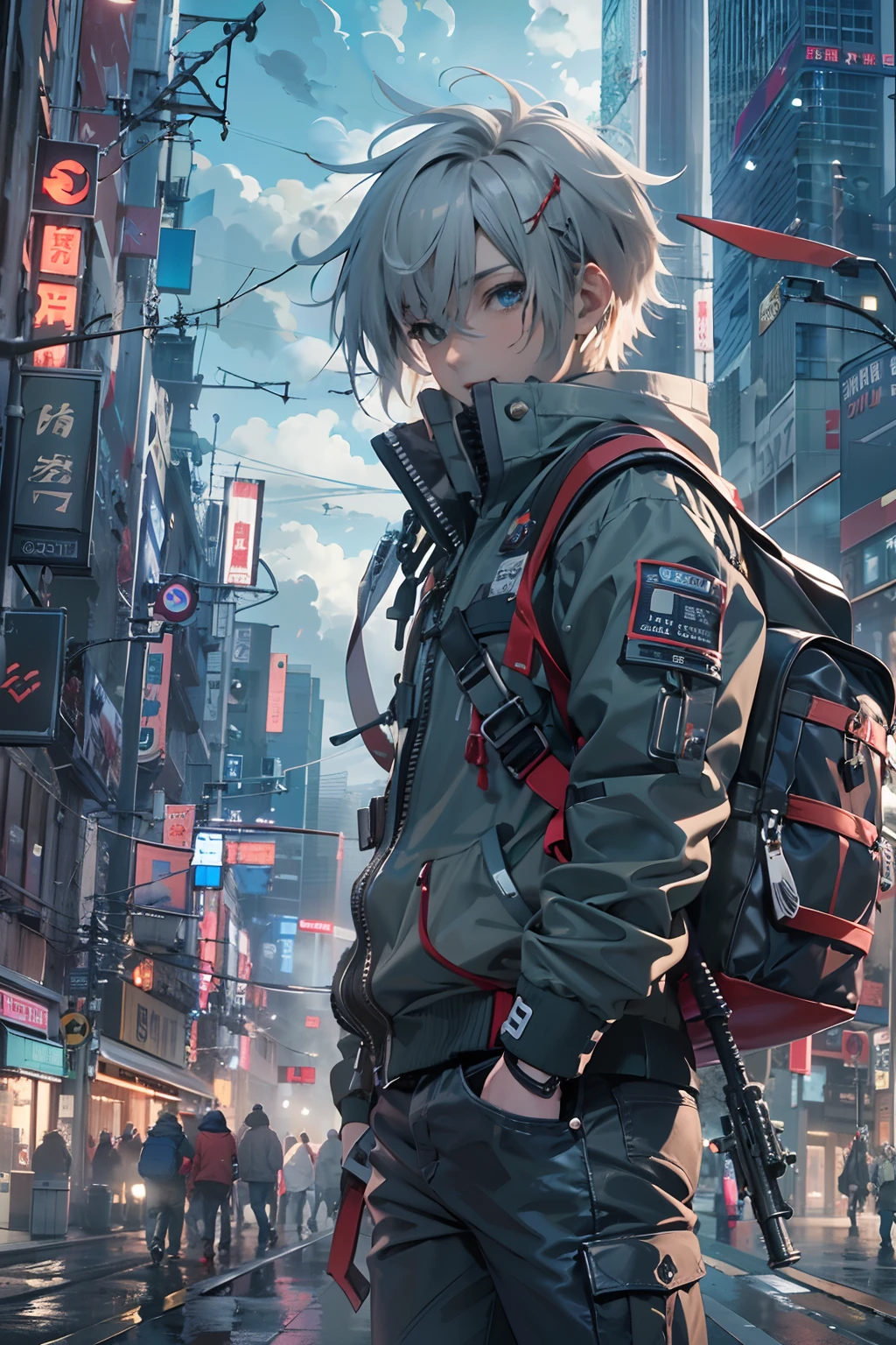 1boy,(15 years old boy:1.5)、Anime-style protagonist、Cyberpunk Boy、silber hair、Spiky hairstyle、machine gun、Japan sword on the back、Whole body bloody、Looking at the camera、Shot from the knee up、The beginning of the adventure、Lots of clouds,heavy fog、Big Moon、Lightning、Chaotic city of the future、Movie dystopia、A group of very tall skyscrapers stands in the center、Very complex cityscape,Crowded Chinese skyscrapers、Tall radio tower、Trees、street signs、streetlights、taxis、buses、Train、Warm lighting,Dark road、puddles、Chaotic、Beautiful and fantastic scenery、Cinematic scenery、hightquality、masutepiece,in 8K、hight resolution、