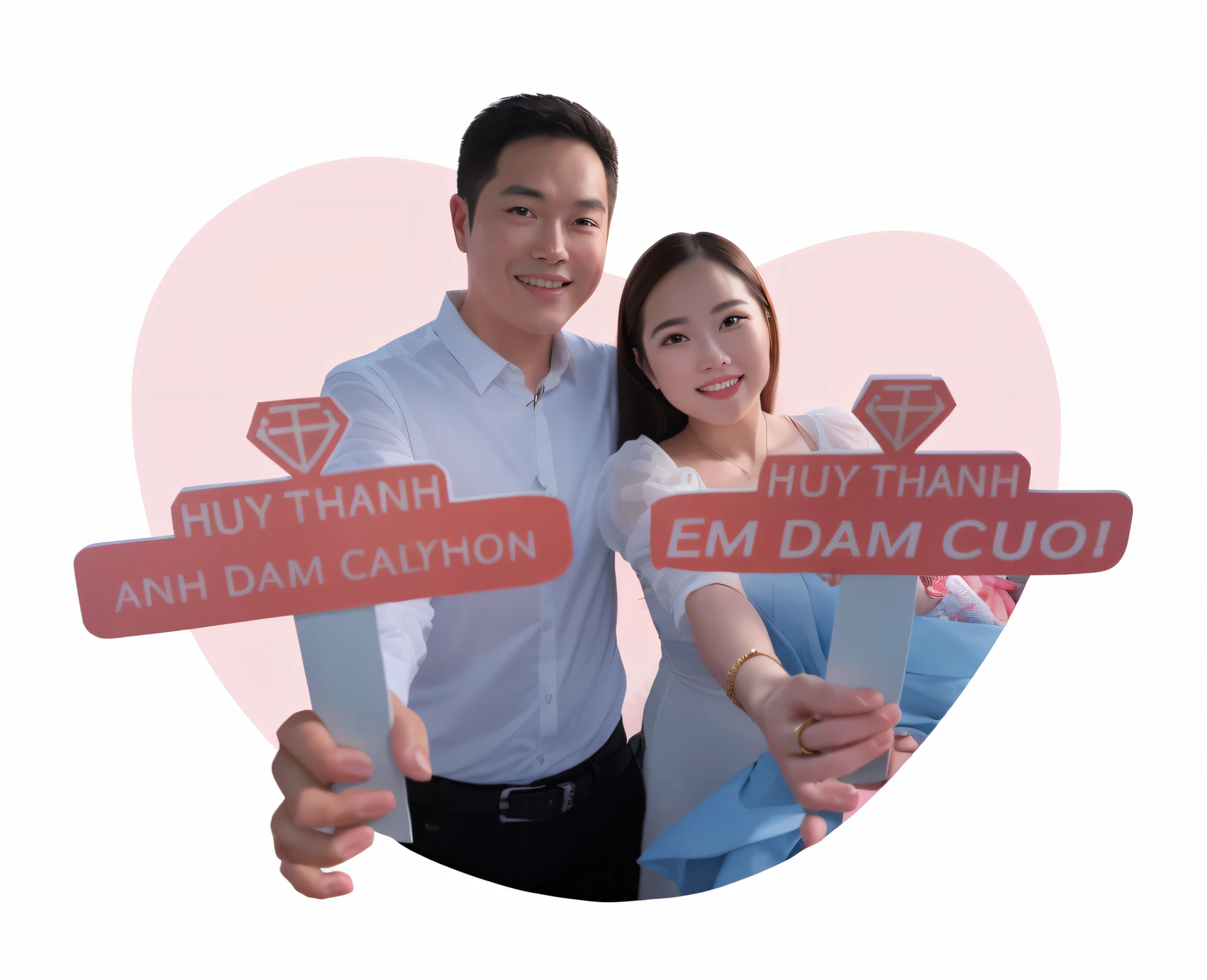 there are two people holding up signs with a heart in the background, happy couple, dang my linh, lovely couple, ruan cute vtuber, hoang long ly, phuoc quan, duy beni serial, couple, quy ho, backdrop, by Ruth Jên, mai anh tran, dang ngo, couple pose, thanshuhai