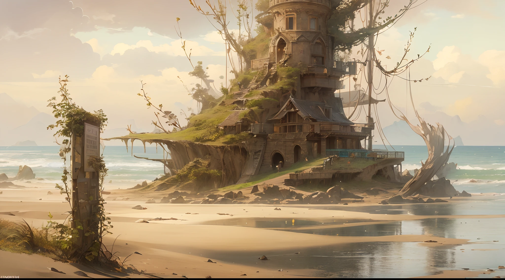 "(by Greg Rutkowski: 1.2), (masterpiece), ((best quality)), extremely delicate and beautiful, illustration, (fantasy landscape), A mesmerizing fantasy landscape with enchanting elements blending seamlessly. ((Ogir-Yensa Sand Sea)), A sense of tranquility and wonder fills the air, inviting exploration and discovery. Providing a distant view that captures the grandeur and atmosphere. From Brian Froud and Carne Griffiths and Wadim Kashin and John William Waterhouse, 8K post-production, high resolution, hyperdetailed, depth of field, HDR, intricate"