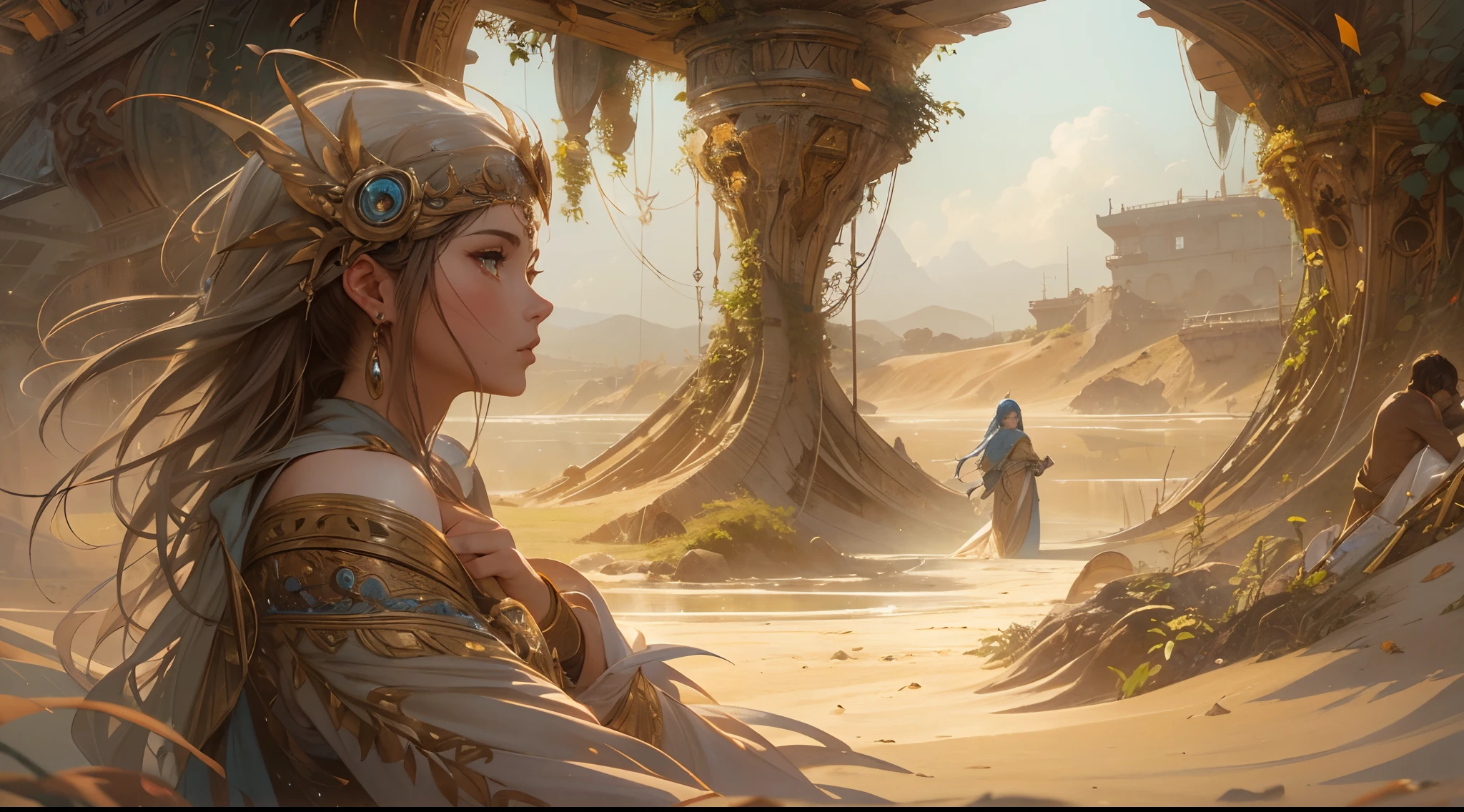 "(by Greg Rutkowski: 1.2), (masterpiece), ((best quality)), extremely delicate and beautiful, illustration, (fantasy landscape), A mesmerizing fantasy landscape with enchanting elements blending seamlessly. ((Ogir-Yensa Sand Sea)), A sense of tranquility and wonder fills the air, inviting exploration and discovery. Providing a distant view that captures the grandeur and atmosphere. From Brian Froud and Carne Griffiths and Wadim Kashin and John William Waterhouse, 8K post-production, high resolution, hyperdetailed, depth of field, HDR, intricate"