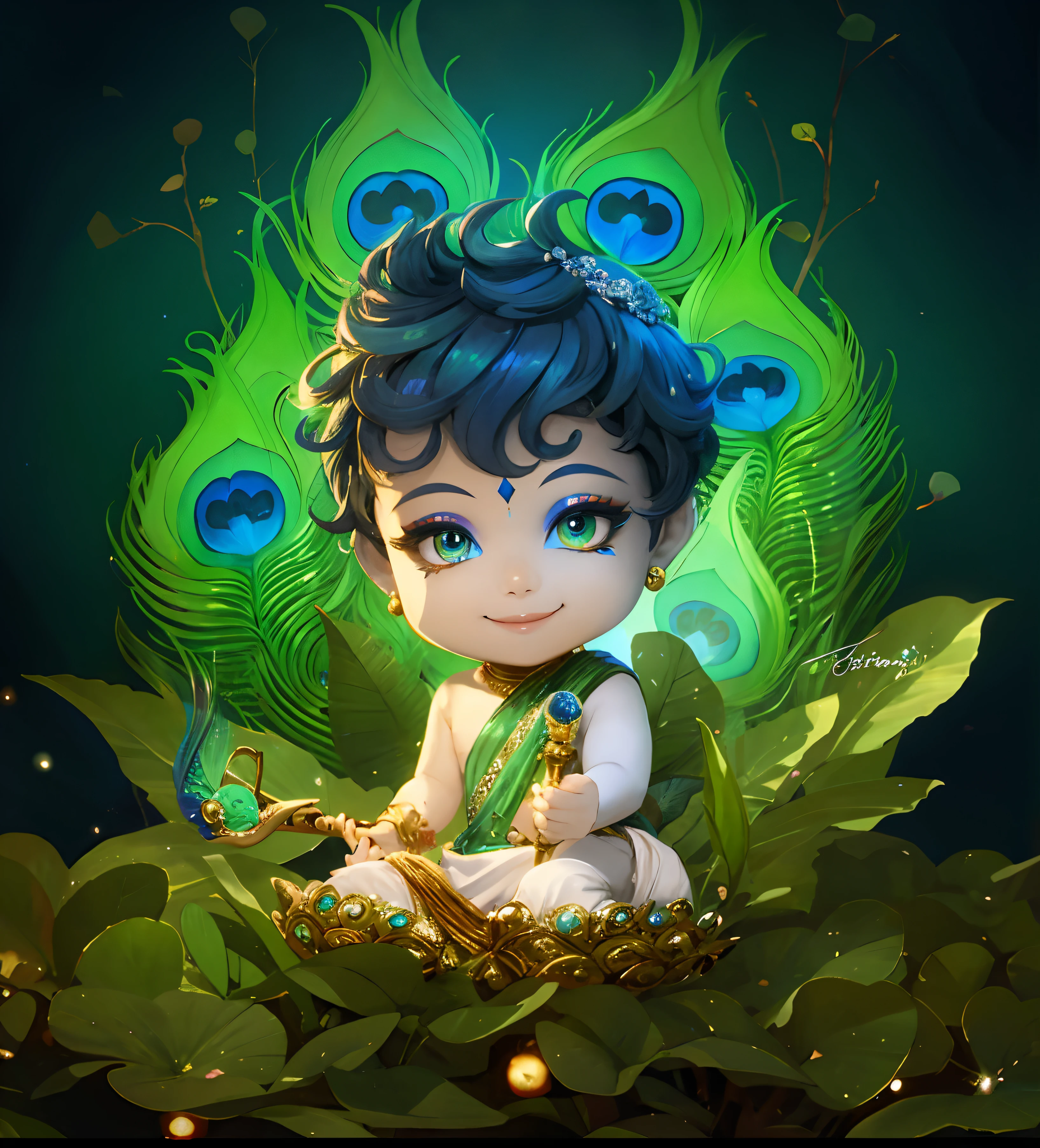 Krishna , loving man , beautiful glitter eyes , blue skin tone , smiling , divine nature, holding flutes in his hands, peacock feather on head.