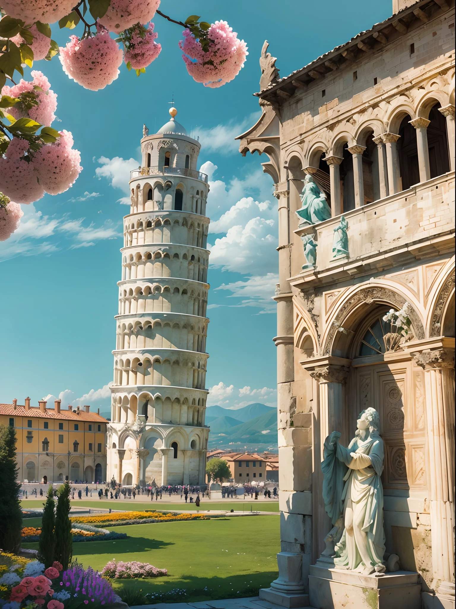 A sunny day in Pisa, Italy, featuring the iconic Leaning Tower of Pisa. The tower stands tall, slightly inclined, with intricate architectural details. The warm sunlight casts beautiful shadows on its white marble surface. Surrounding the tower, there are lush green gardens with vibrant flowers in full bloom. Tourists from all around the world marvel at its unique beauty. The sky above is clear and blue, adding to the picturesque view. The overall scene is of high quality, with ultra-detailed and realistic textures, showcasing the masterpiece of Italian architecture. The color tone is vibrant and vivid, enhancing the vibrant atmosphere. The lighting creates a warm and inviting ambiance, bringing out the beauty of the tower and the surrounding landscape.