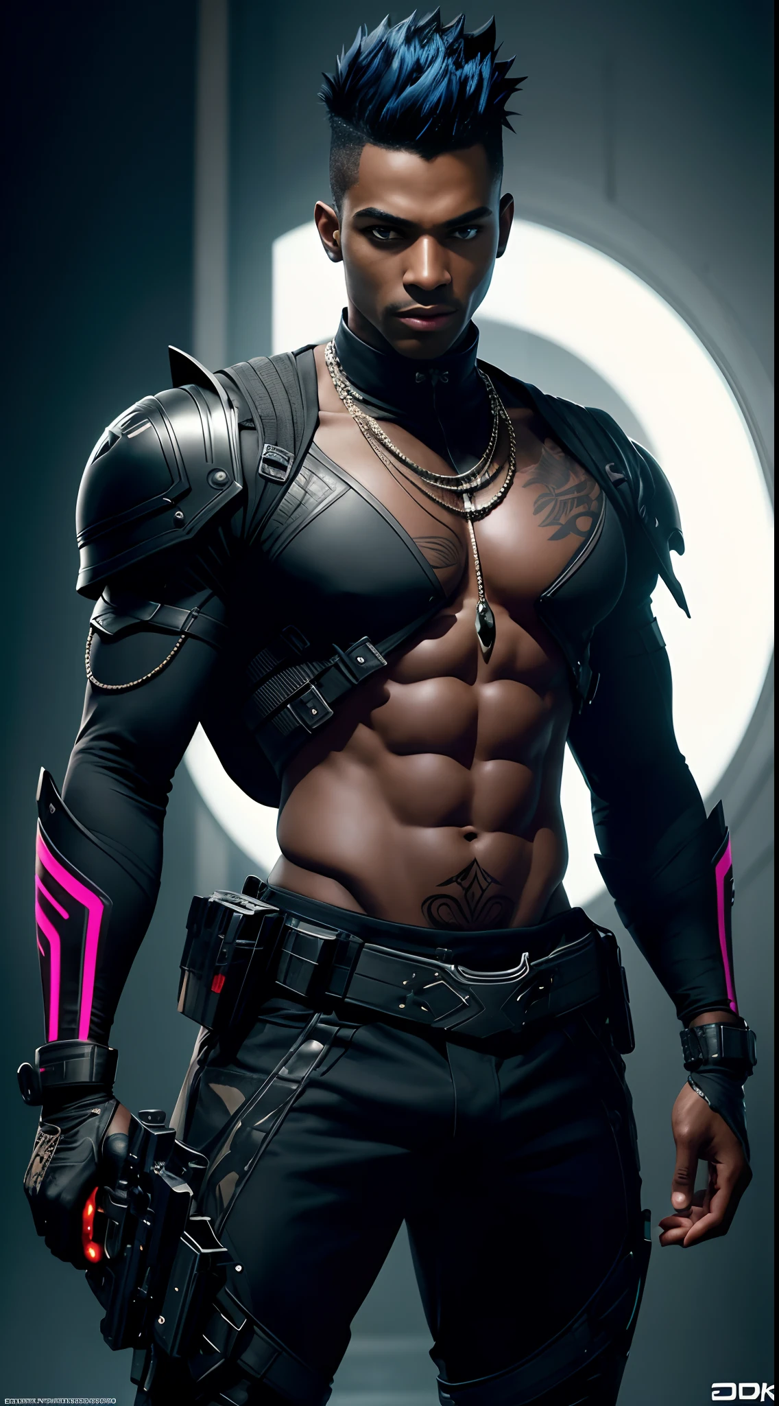 In a Cinematic Photography style, 1man, dark ebony Skin, A defiant rebel in every sense, Rico stands out with his bright neon mohawk and animated tattoos that dance on his skin. Always seen with various tech devices strapped to him, neon highlights, A tattoo of a silhouetted raven, Exotic looking translucent and metallic armor, neon trims, adaptive fit, skin-tight stealth suit, a compact crossbow, looking directly at the camera, (Realistic skin texture: 1.1), seduction, perfect body, highly detailed, 8K resolution, ultra realistic, Gothic, fantasy, Divine, Clean, Rich, prestige, Fantastic, supreme, apex, Supreme, uncropped, (8k, Best Quality, Cinematic Masterpiece: 1.2), (Realistic, Photorealistic: 1.37), Super Detailed, 1 man, Cute, Alone, Night, Date, (smile: 1.15), (close mouth), beautiful details, (no shirt: 1.1), night, (Short Hair: 1.2), floating Hair NovaFrogStyle, centered, forward facing.