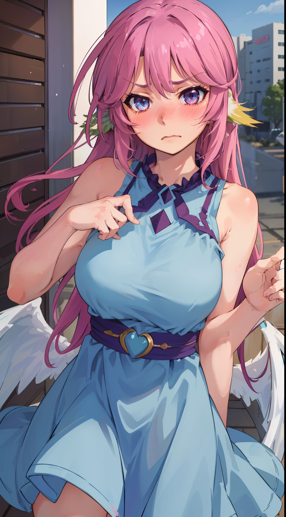 Jibril, ((upper body)), blushed, perfect anatomy, detailed eyes, detailed lips, extremely detailed eyes and face, vivid colors, sharp focus, masterpiece:1.2, ultra-detailed, blushed, ((doggystyle)), (solo), ((blue dress)), sleeveless, ((random hairstyle)), (((disdain, disgust))), looking at viewer