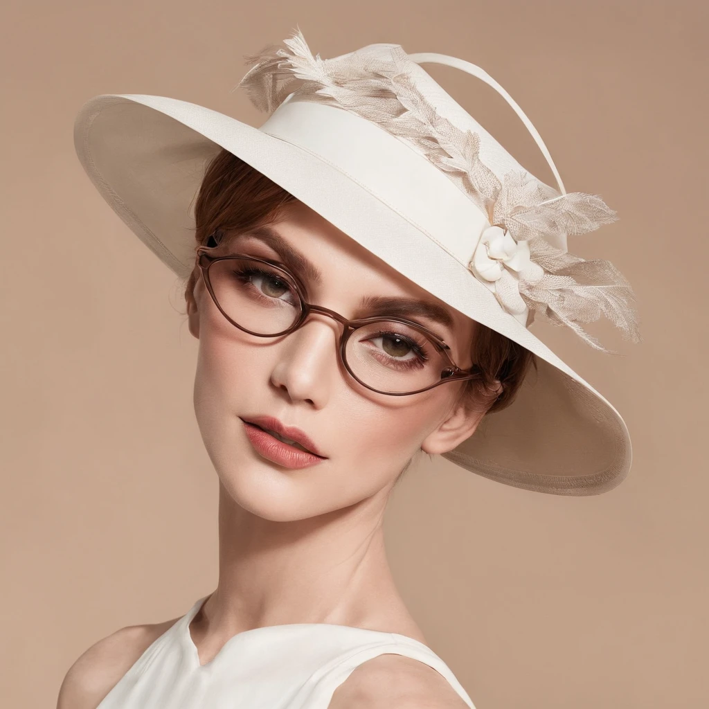 Femme blanche, 38 ans, 70 kg, 1m68, light brown short hair, yeux marrons, lunettes, Sophisticated makeup, chapeaux, pinceaux de maquillage dans les mains