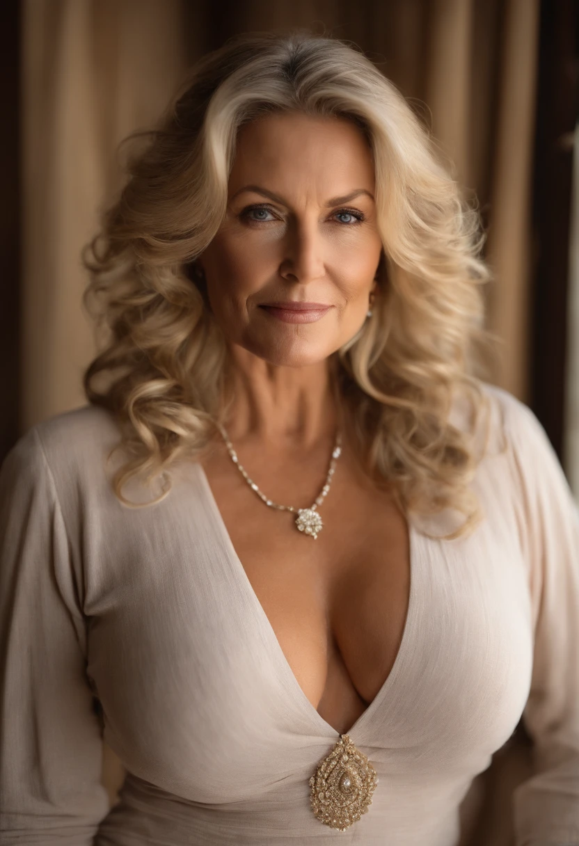 Photo of mature American woman,A MILF,Beautiful face,Curly blonde hair,No bra,visible nipple, wrinkles, oud, Necklace, Crowded paper room, gros-plan, Neutral colors, Barren land,huge-breasted,Round breasts,Big cleavage,See-through clothing,See-through Cardigan Sports Bra,toppless