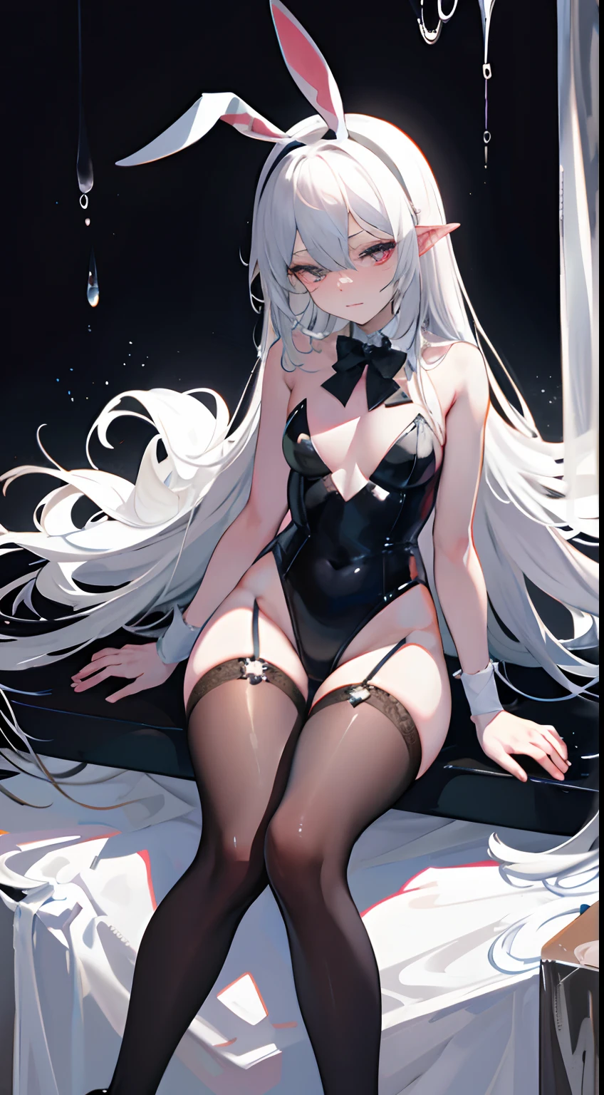 opening legs，Bunny ears，No underwear， the feet，is shy，sitted， Feet，Exposed genitals，clear liquid，Bigchest，transparent panty，soaking wet，Hold your thighs from behind with your hands，Emotive expressions，Ambiguous，taunt，Succubus，Unoccluded，There is no lower limit，Mesh socks，black lence stockings