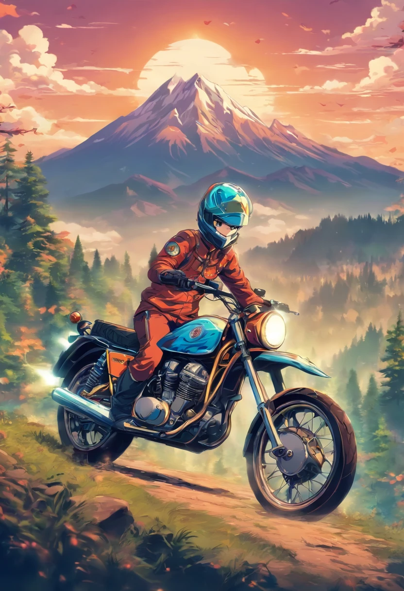 Make vector motorcycle adventure vintage logo design "Vitopna" with mountains, vintagestyle