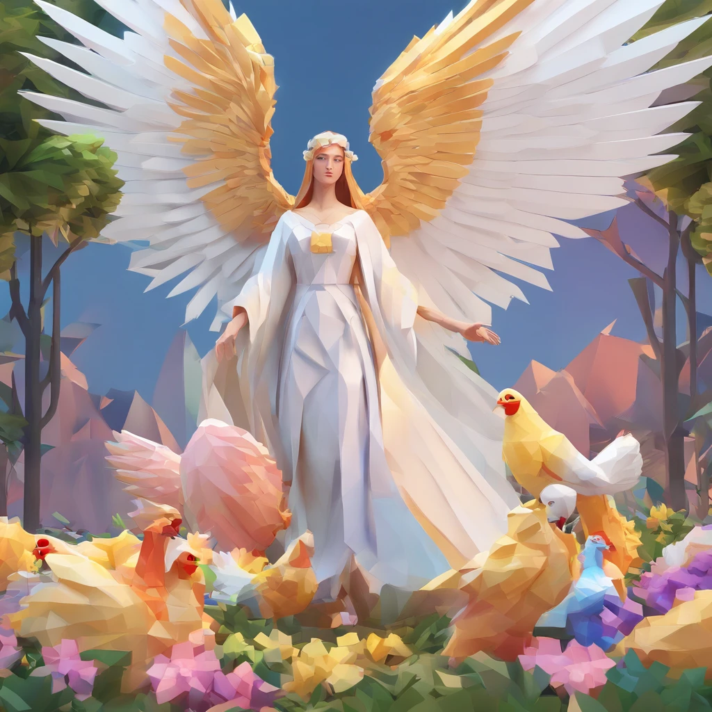 (best quality,4k,highres:1.2),ultra-detailed,realistic:1.37,angel with chicken head,white girl always with angel,peaceful,safe,happy,brilliance,light,fantastic,flowers,rainbow,sparkle,smile,feathers,heaven,paradise,medieval