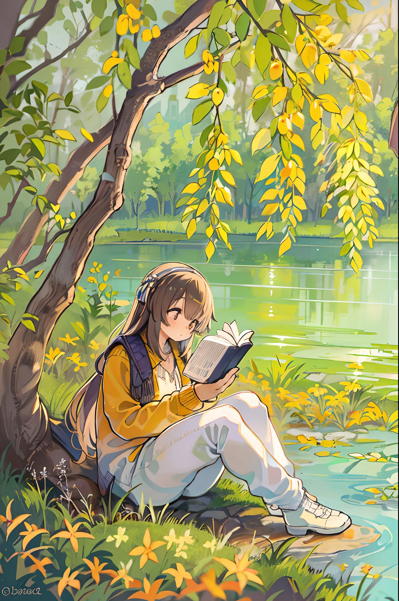 Girl reading a book by the lake, Bright colors, spring, willow branches, where comfort, warm sunlight