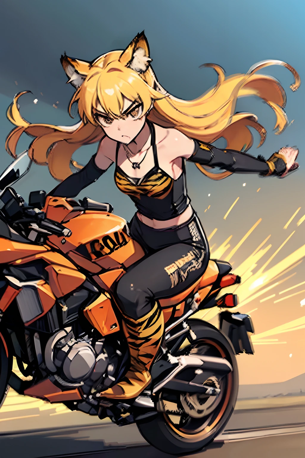original_outfits,1girl,solo,ground_vehicle, motor_vehicle, motorcycle,pale-skinned_female, long_hair,boots, pants, navel, crop_top, on_motorcycle, jacket, logo,gloves, floating_hair,earrings, off_shoulder, open_jacket, midriff, black_footwear, multicolored_hair, bare_shoulders, helmet_removed, open_clothes, cross_earrings, sleeveless, jewelry, bangs, long_sleeves,
<lora:gyokai:1> <lora:arknightsLappland_v20:1>