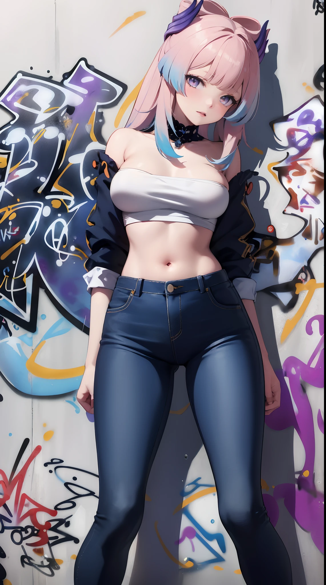 Sankonomiya|Kokomi Genshin Effects, master-piece, bestquality, 1girls,20 age, Double tail hairstyle, proportional body, Long Jeans, oversized breasts, ,bara, (Graffiti:1.5), Splash with purple lightning pattern., arm behind back, against wall, View viewers from the front., Head tilt,