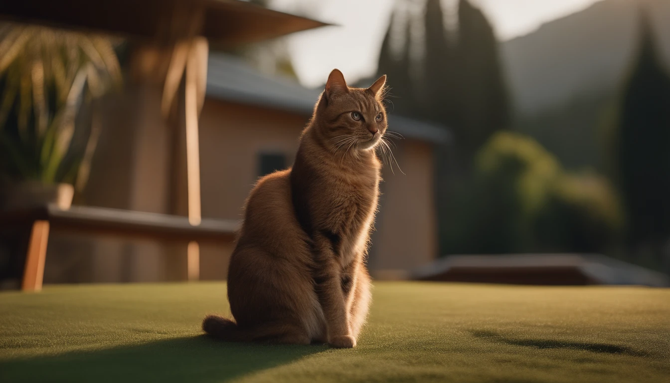 Create a stunning image of a cute cat sitting gracefully on a rooftop against a backdrop of swaying palm trees. #Cat on the roof #palm tree #Artistic photography, sunset, Thatched cottage. High-quality and contrasting photos, unreal engine 5, Wide angle of view, Depth of field, Hyper-detail skins, Color Correction, Crazy details, Color Correction, hyperrealism, Lifelike (Highest Quality, Masterpiece, 4k, The ultra-detailliert, edgy) focusing, 8K , High definition, It's incredibly detailed and complex.: 1.2) High-quality and contrasting photos, unreal engine 5, wide vision, Depth of field, Super delicate skin, Color Correction, Crazy details, Color Correction, hyperrealism, Real Live (Highest Quality, Masterpiece, 4k, Extremely detailed, Sharpen focus, 8K, High definition, incredibly detailed, Complex: 1.2)