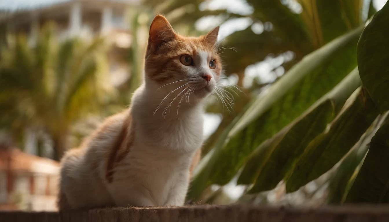 Create a stunning image of a cute cat sitting gracefully on a rooftop against a backdrop of swaying palm trees. #Cat on the roof #palm tree #Artistic photography, sunset, Thatched cottage. High-quality and contrasting photos, unreal engine 5, Wide angle of view, Depth of field, Hyper-detail skins, Color Correction, Crazy details, Color Correction, hyperrealism, Lifelike (Highest Quality, Masterpiece, 4k, The ultra-detailliert, edgy) focusing, 8K , High definition, It's incredibly detailed and complex.: 1.2) High-quality and contrasting photos, unreal engine 5, wide vision, Depth of field, Super delicate skin, Color Correction, Crazy details, Color Correction, hyperrealism, Real Live (Highest Quality, Masterpiece, 4k, Extremely detailed, Sharpen focus, 8K, High definition, incredibly detailed, Complex: 1.2)