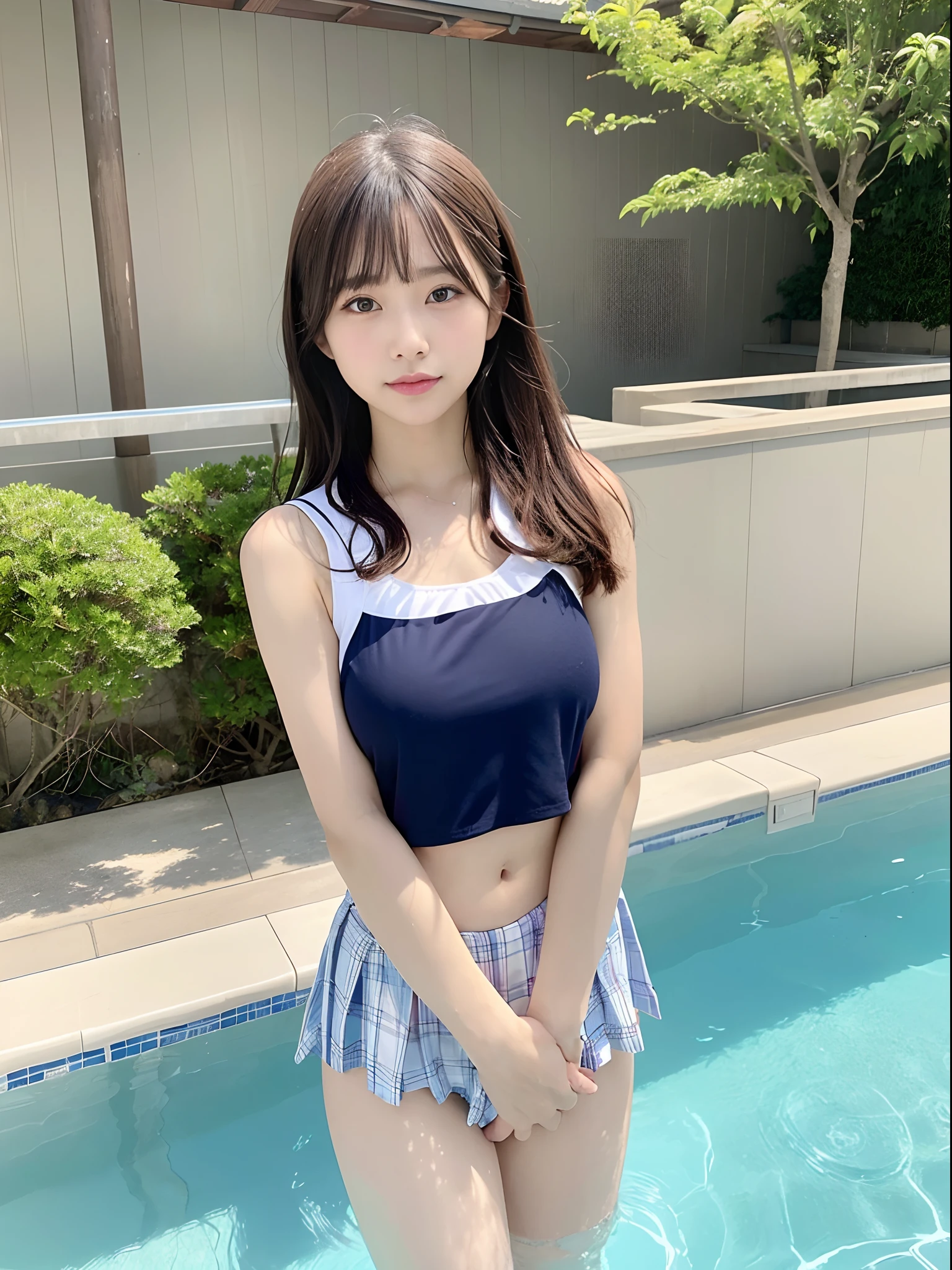 1人の女性、in poolside、japanes、gals、modeled、Twin-tailed、Beautiful Large Breasts、School swim wear、Touching the chest with your left hand、Rubbing the crotch with your right hand、