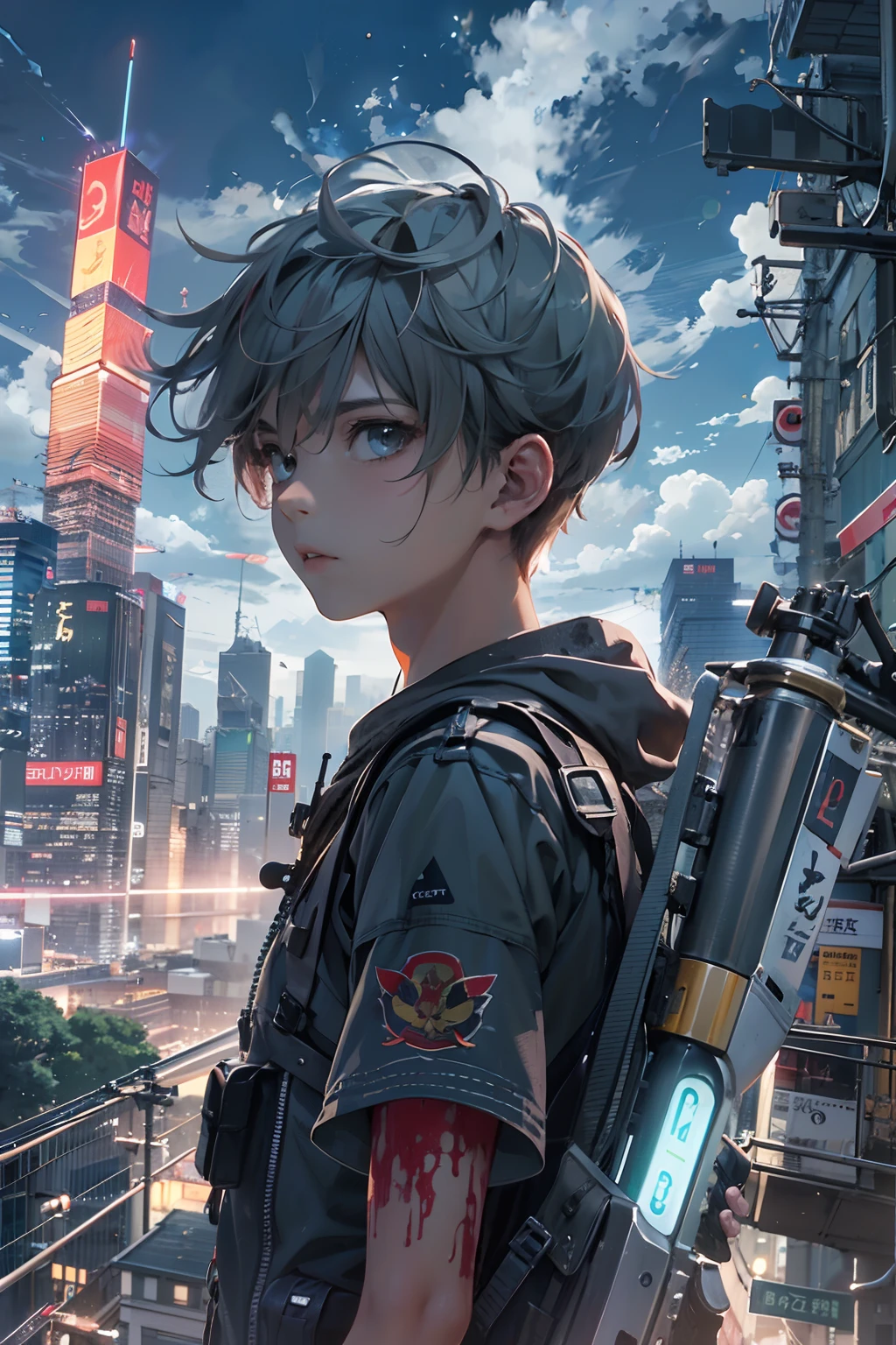 1boy,( boy:1.5)、Anime-style protagonist、Cyberpunk Boy、silber hair、Spiky hairstyle、machine gun、Japan sword on the back、Whole body bloody、Looking at the camera、Shot from the knee up、The beginning of the adventure、Lots of clouds,heavy fog、Big Moon、Lightning、Chaotic city of the future、Movie dystopia、A group of very tall skyscrapers stands in the center、Very complex cityscape,Crowded Chinese skyscrapers、Tall radio tower、Trees、street signs、streetlights、taxis、buses、Train、Warm lighting,Dark road、puddles、Chaotic、Beautiful and fantastic scenery、Cinematic scenery、hightquality、masutepiece,in 8K、hight resolution、