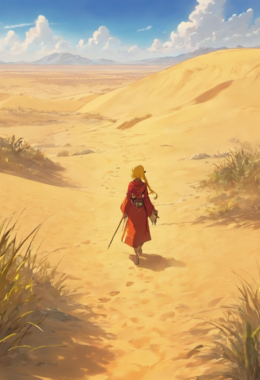 Yellow sand in the sky，A desert with a crescent-shaped lake，There is an ancient building next to the lake with vegetation around it，In the distance, a camel caravan was slowly moving forward，Leave traces in the desert，The setting sun in the distance is slowly descending，The sky is intertwined with red and yellow，richcolors，digital landscape art,, landscape artwork, environment design illustration, scenery art detailed, Desert oasis landscape, concept-art, 4k highly detailed digital art, stunning digital illustration,, digital painting concept art, Detailed digital painting