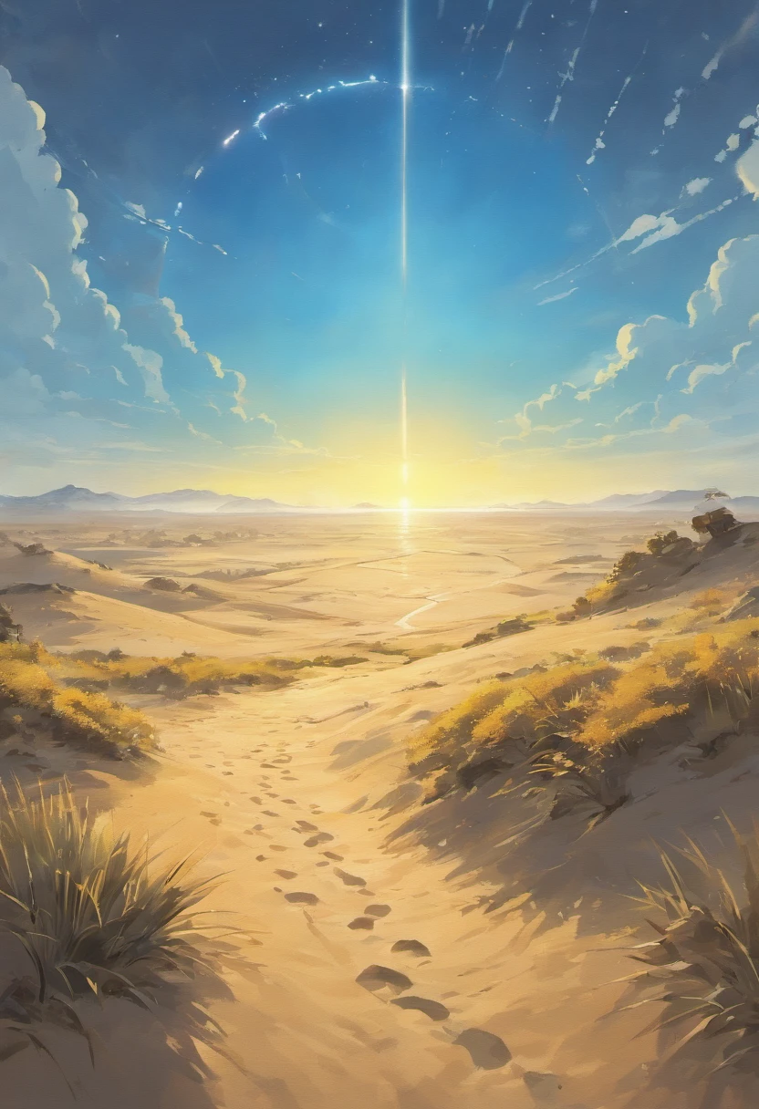 Yellow sand in the sky,A desert with a crescent-shaped lake,There is an ancient building next to the lake with vegetation around it,In the distance, a camel caravan was slowly moving forward,Leave traces in the desert,The setting sun in the distance is slowly descending,The sky is intertwined with red and yellow,richcolors,digital landscape art,, landscape artwork, environment design illustration, scenery art detailed, Desert oasis landscape, concept-art, 4k highly detailed digital art, stunning digital illustration,, digital painting concept art, Detailed digital painting