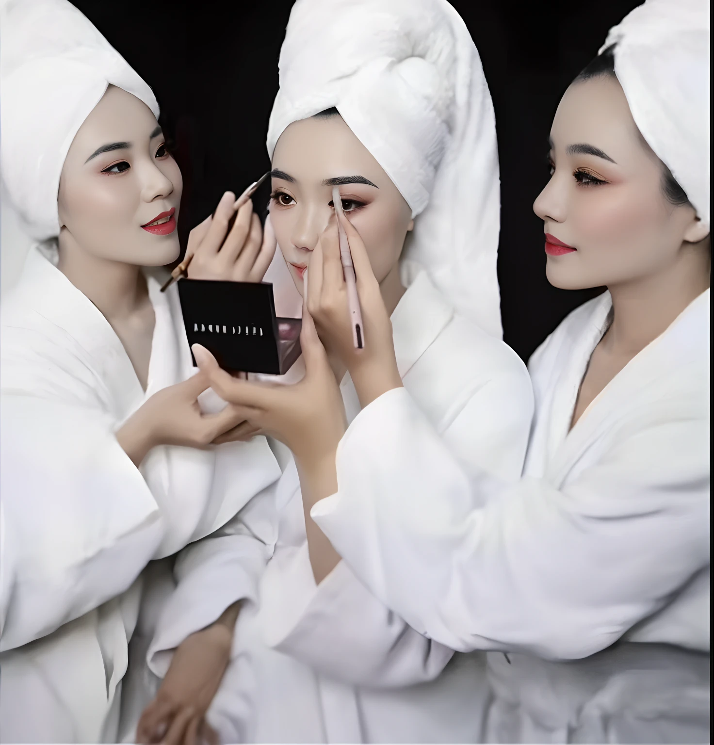 Asian woman in bathrobe,Painting makeup in your hand ,light make-up,ssmile ,Make up each other,Eyebrow makeup,The skin radiance is good,with black background