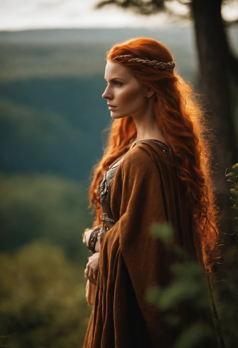 Femme, cheveux roux, viking, nature, woods