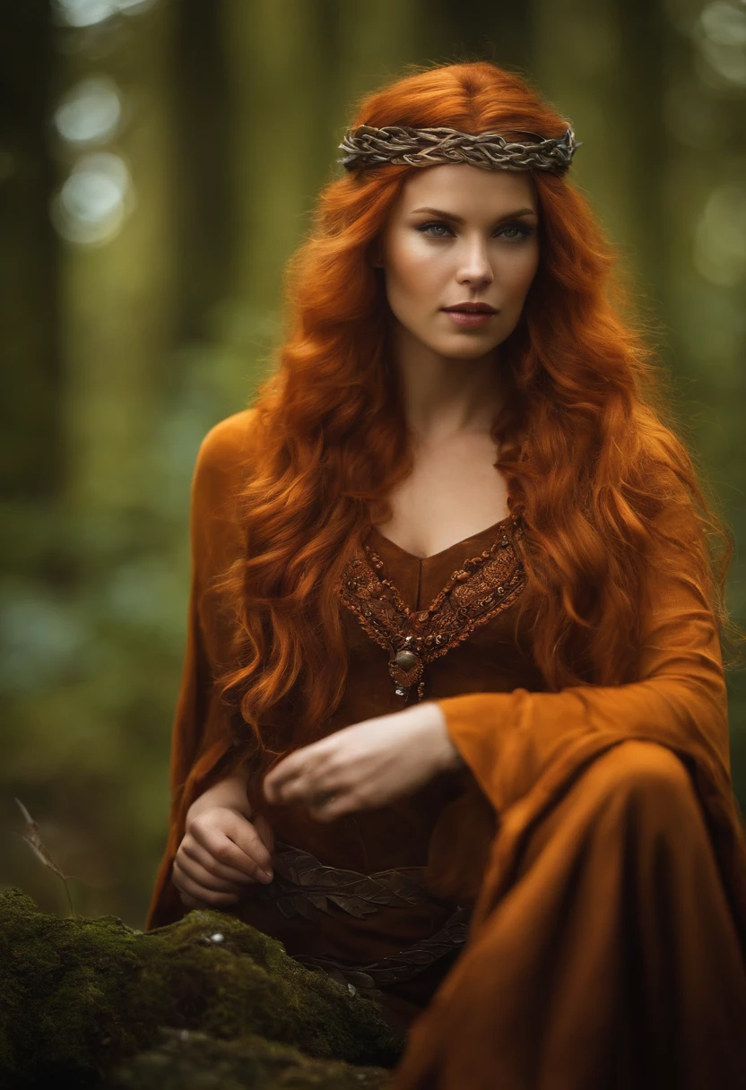 Femme, cheveux roux, viking, nature, woods
