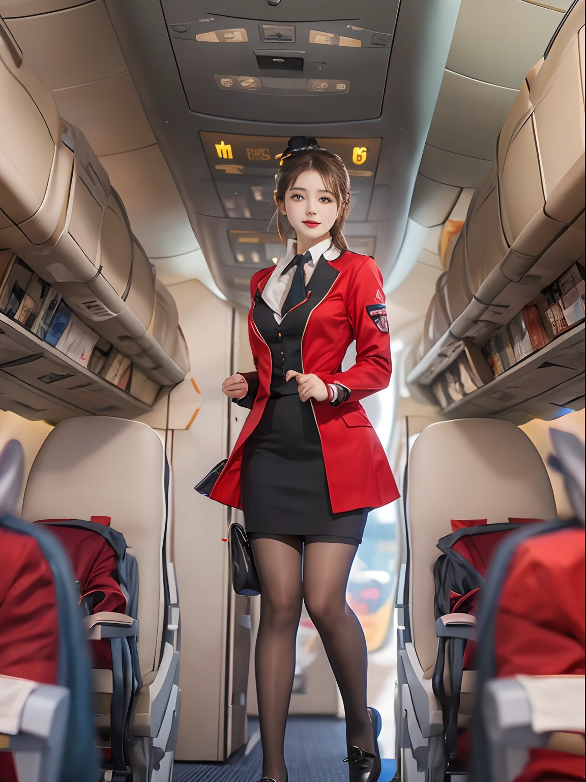 (Best quality: 1.1), (Realistic: 1.1), (Photography: 1.1), (highly details: 1.1), (1womanl), Airline flight attendants,Red coat,Short skirt,black lence stockings,In the plane