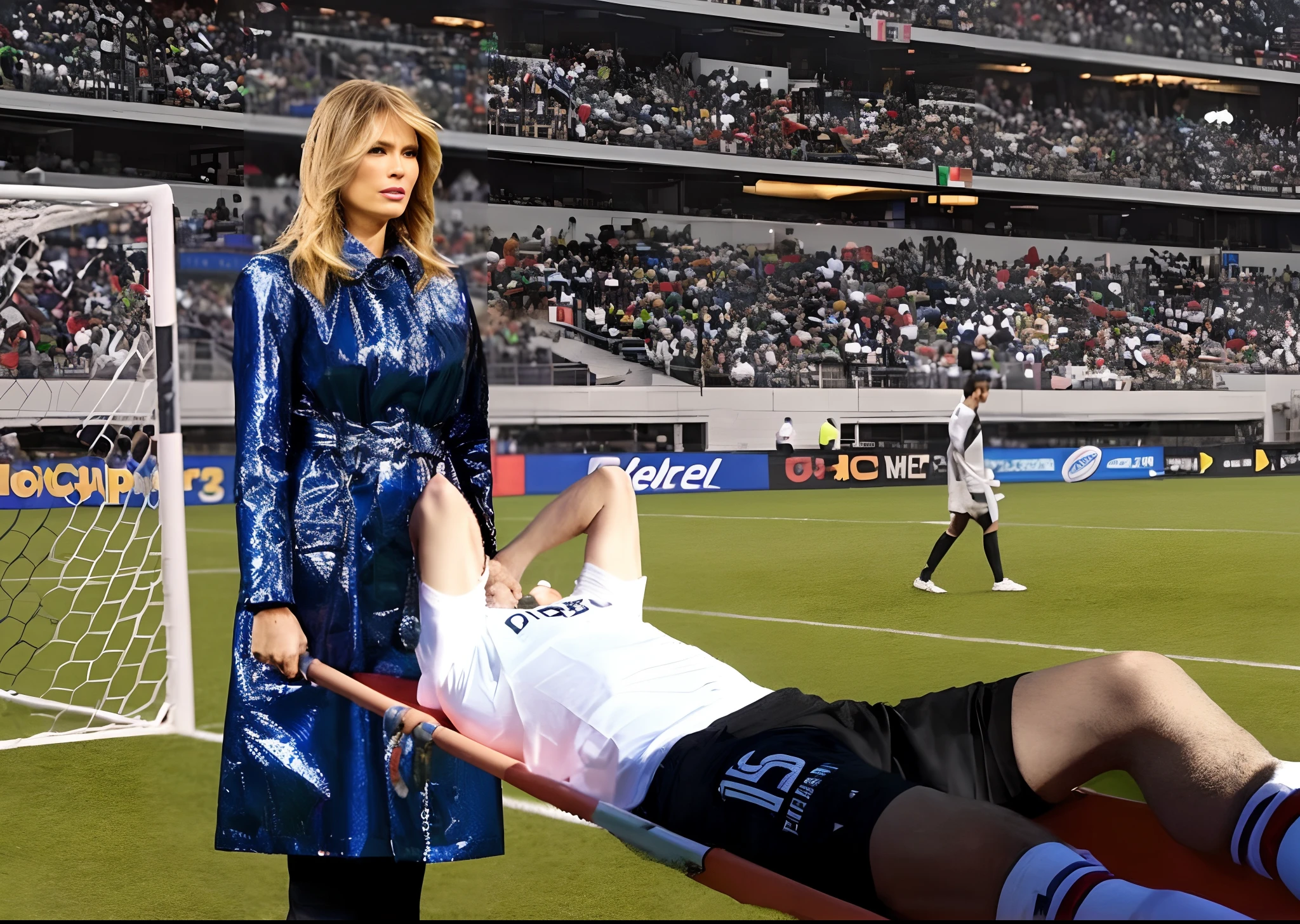 Melania Trump, Melania Trump in a blue metallic coat, Melania Trump screaming for help, Melania Trump with a very desperate and helpless facial expression, his hands are covering his face, the man has put his hands over his face, both hands are in front of his face, bald man on a stretcher being carried by a woman, a soccer scene in a stadium in italy , gorgious woman in a black high-gloss plastic downcoat in front of us with an angry face and an extremely horrified and desperate expression from right to left across the soccer field, woman carries in a horizontal orientation a stretcher on which an injured footballer lies in dull and dusty blue sportswear, the footballer lies sideways on the stretcher with his legs slightly bent and his torso towards us and has both arms bent and hands in front of his face, the footballer's head on the stretcher lies close to the women's deep black plastic downcoat and is concealed by the footballer's arms and hands, the footballer in the mat cotton sportswear has his hands clasped in pain in front of his face and radiates an aura of pain and sorrow, the beautiful woman in the shiny black plastic puffer coat carries the injured soccer player on the stretcher which she carries before our eyes over the soccer field, in the background you can see the occupied stands of a soccer stadium, a soccer game initaly, sports injury, transport on the stretcher, Jennifer Lopez, high-resolution photo, ultra-realistic photo, photorealistic shot, super high-resolution and sharp photo, shiny black plastic burka, best shot, impressive winning photo, realistic shot, perfect shot, injured, intense momentl, 📷