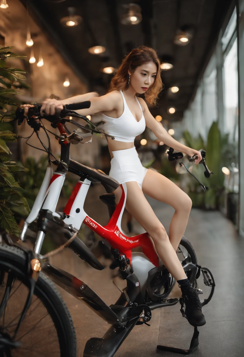 ((masutepiece)), (Best Quality), (Detailed), (1girl in), (Internal Data Stream) , Beautiful double, Straight hair, Wearing modern white sports bra and black pants, Covered with data particles, Lock around the neck、Seductive、Beautiful、Model body type、Straddling a bike、Women in Japan、Elevator 45 years old、A dark-haired、8k、Photos taken by professional photographers with SLR cameras、poneyTail、modeled、Straddling a red bike