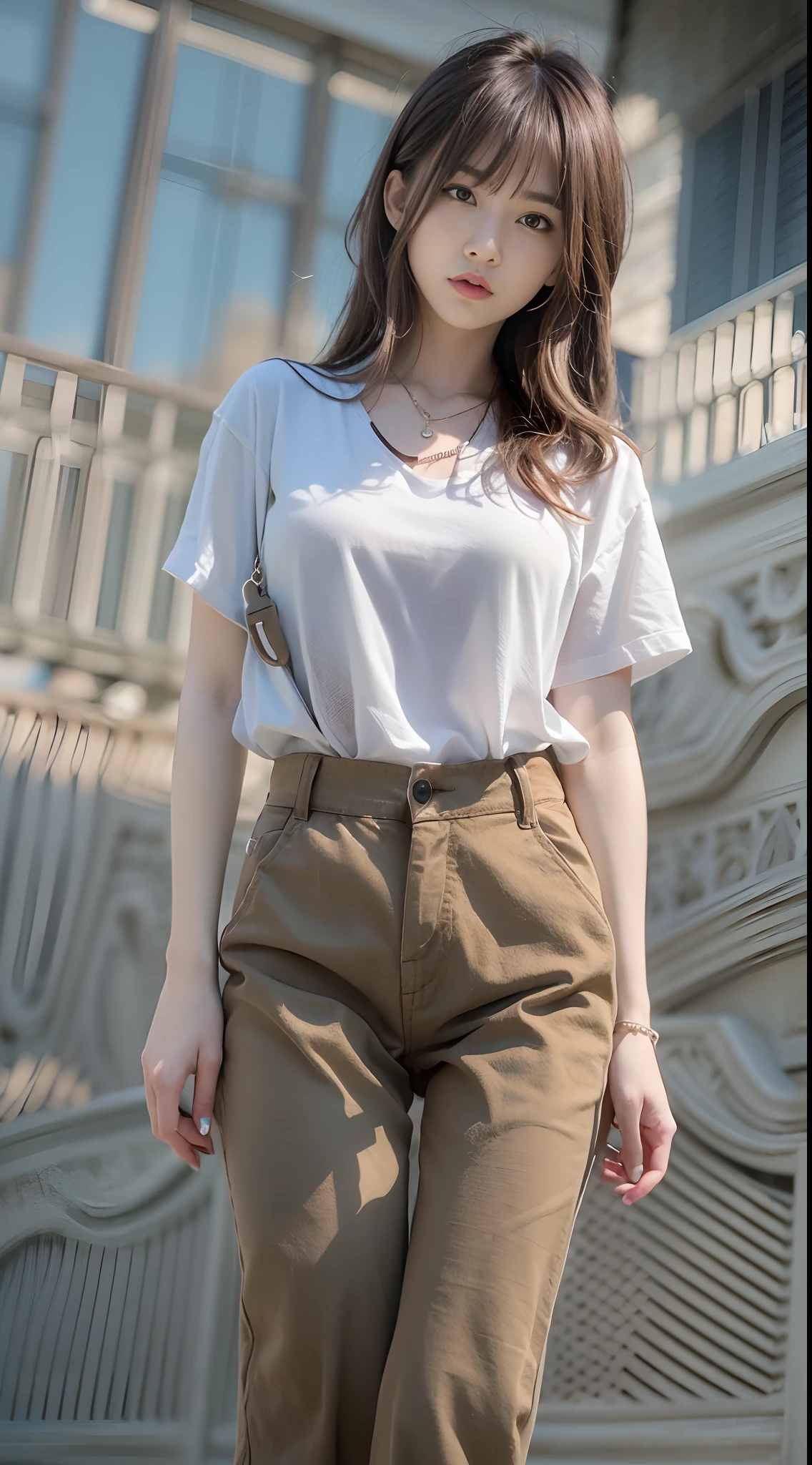 ((Realistic lighting、top-quality、8K、masterpiece:1.3))、Clear focus:1.2、1girl in、perfectbodybeauty:1.4、Slim abs:1.1、full body Esbian、((light brown hair、small tits:1.3))、(Acceleration:1.4)、(outside of house、natta:1.1)、Street、Slender face、二重まぶた、Fashion Model Pose、hair messy、Floating hair、tshirts、JINS、a necklace、small tits、Very small breasts、A slender、Slimed、Model body type