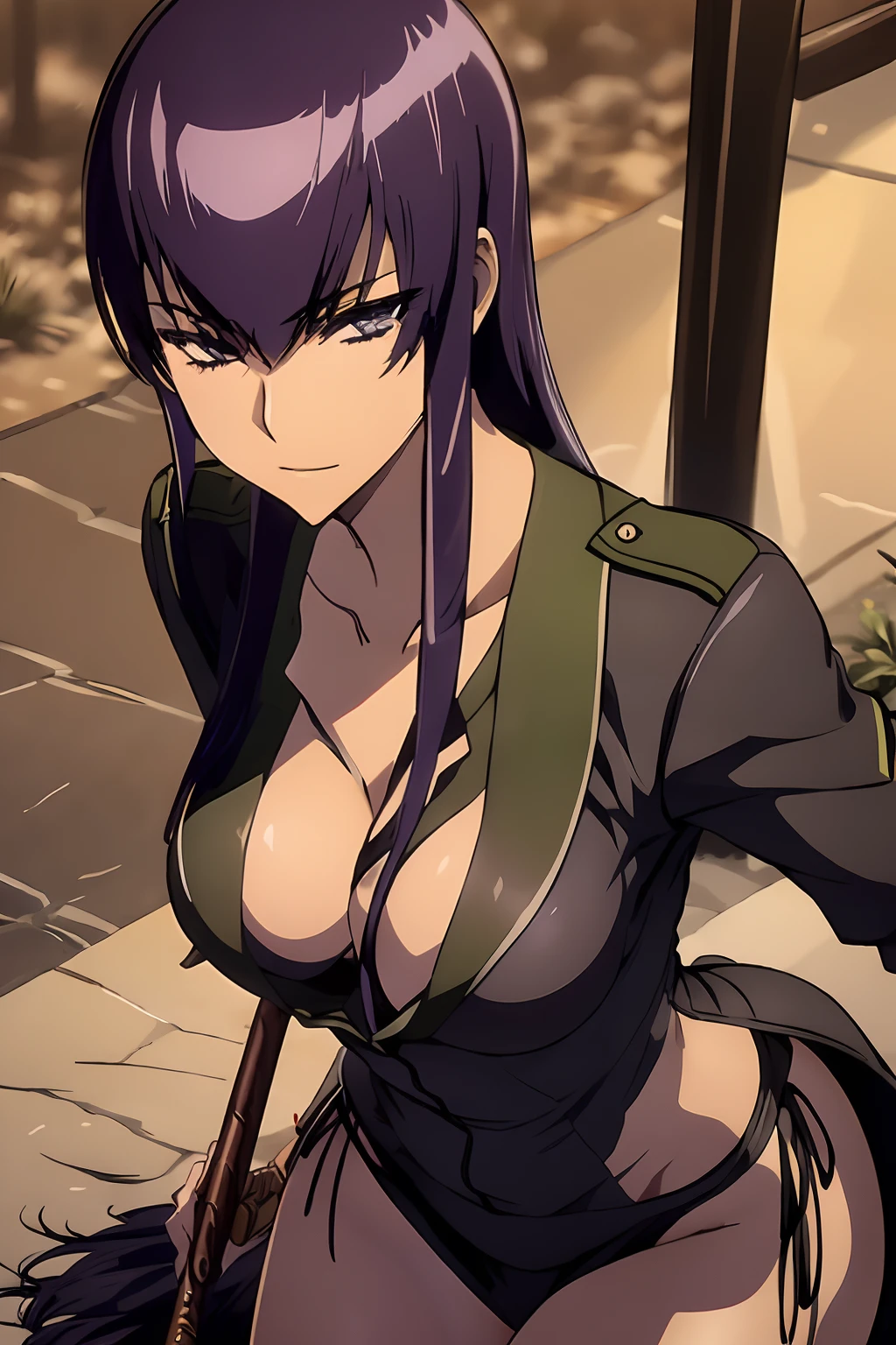 Saeko Busujima vestida con un uniforme militar negro, general, abrigo negro, saludo de soldado, militar, mirando al espectador