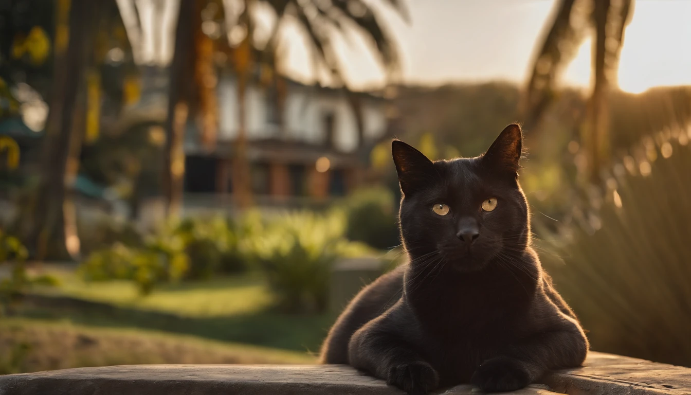 Create a stunning image of a chubby and cute cat sitting gracefully on a rooftop against a backdrop of swaying palm trees. #Cat on the roof #palm tree #Artistic photography, sunset, Thatched cottage. High-quality and contrasting photos, unreal engine 5, Wide angle of view, Depth of field, Hyper-detail skins, Color Correction, Crazy details, Color Correction, hyperrealism, Lifelike (Highest Quality, Masterpiece, 4k, The ultra-detailliert, edgy) focusing, 8K , High definition, It's incredibly detailed and complex.: 1.2) High-quality and contrasting photos, unreal engine 5, wide vision, Depth of field, Super delicate skin, Color Correction, Crazy details, Color Correction, hyperrealism, Real Live (Highest Quality, Masterpiece, 4k, Extremely detailed, Sharpen focus, 8K, High definition, incredibly detailed, Complex: 1.2)