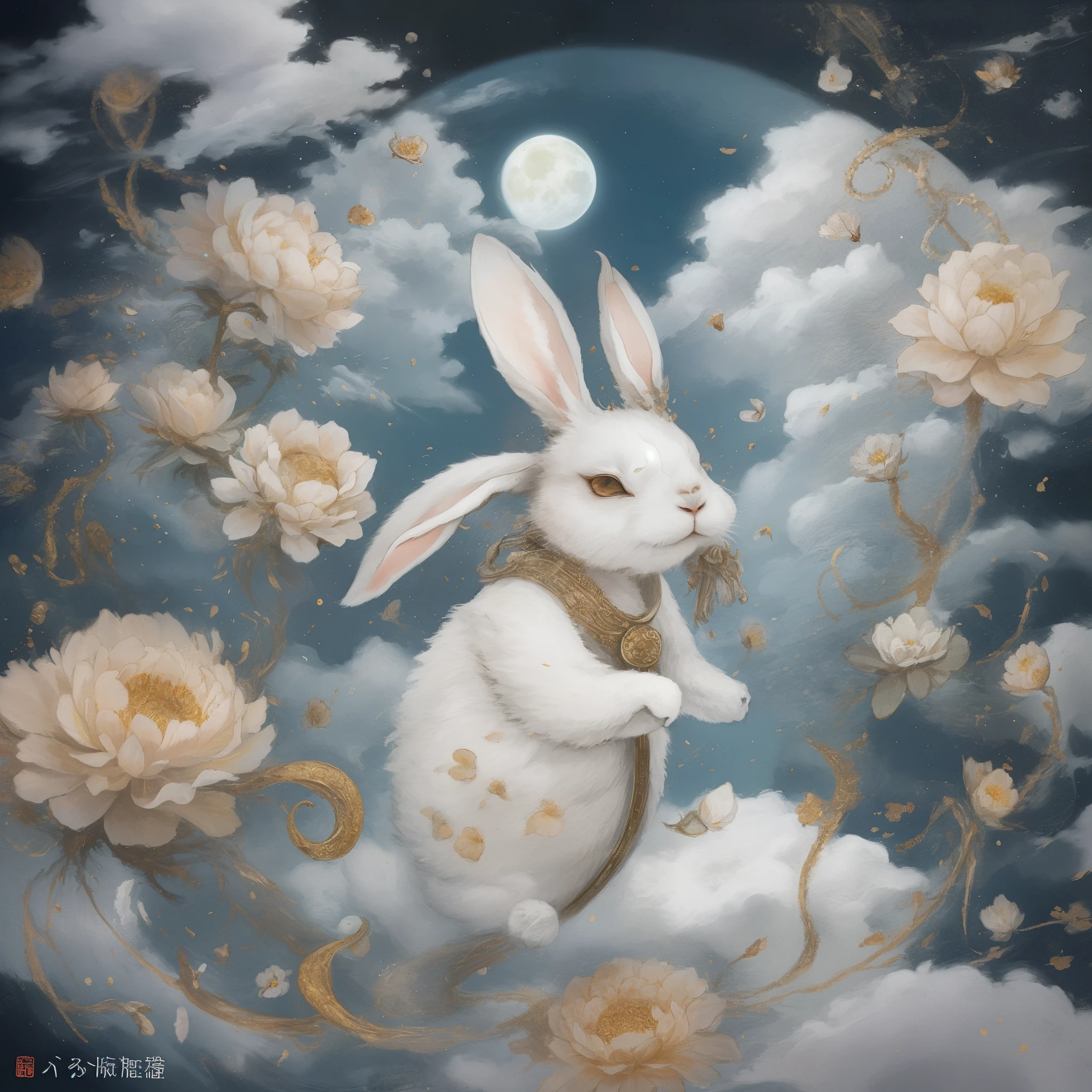Yamazawa, themoon, Clouds, Skysky, Smart rabbit,painting of a(curly), natta, jewely, Traditional media, fresh flowers,
high high quality,