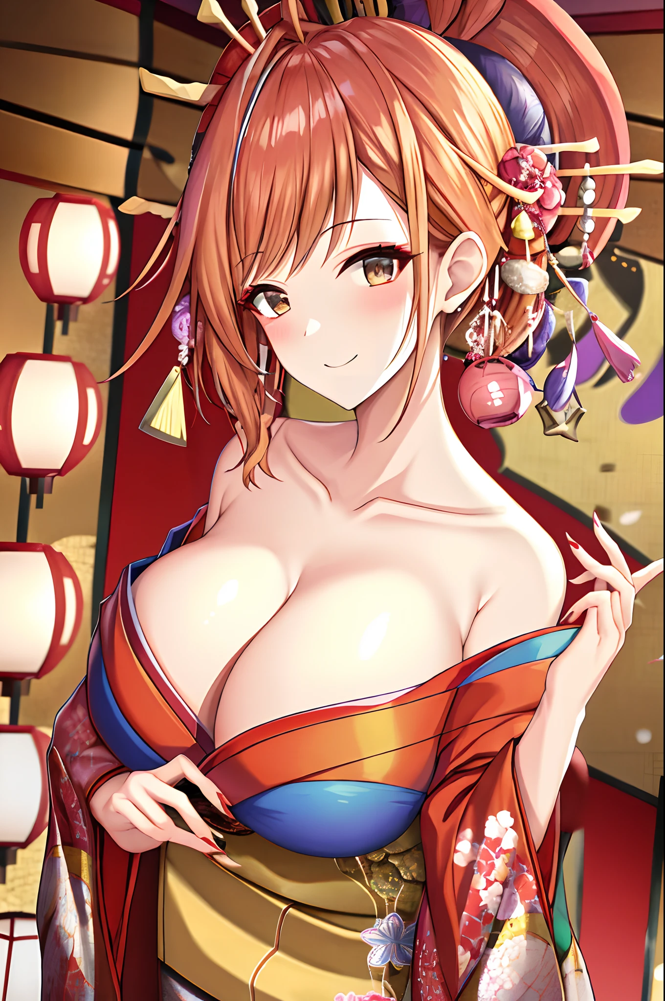 arisugawa natusha, orange hair, 4K, Masterpiece, highres, absurdres, natural volumetric lighting and best shadows, smiling, deep depth of field, soft delicate beautiful attractive face, beautiful edgOiran_woman, a woman in a kimono posing for a picture, cleavage, huge breasts, perfect edgOiran_face, perfect edgOiran_body, edgOiran_makeup, edgOiran_hairstyle