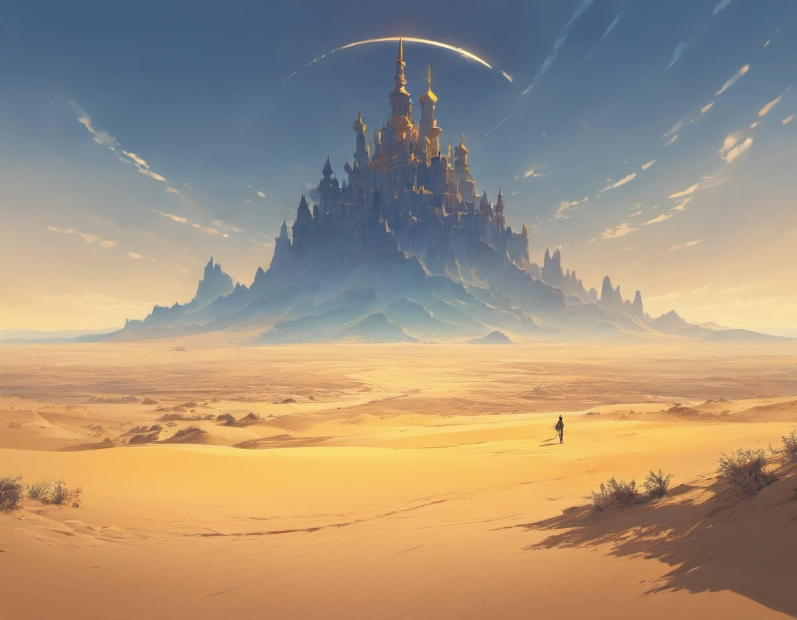Yellow sand in the sky,Desert with crescent-shaped lake,There is an ancient building by the lake,The surrounding vegetation is luxuriant,In the distance, The camel caravan was slowly advancing,Leave traces in the desert,The setting sun in the distance is slowly descending,The sky is intertwined with red and yellow,richcolors,digital landscape art,, landscape artwork, environment design illustration, scenery art detailed, Desert oasis landscape, concept-art, 4k highly detailed digital art, stunning digital illustration,, digital painting concept art, Detailed digital painting