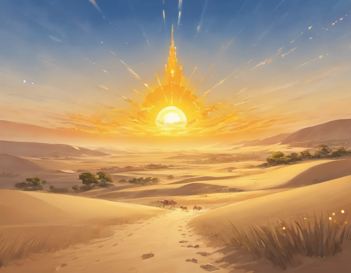 Yellow sand in the sky，Desert with crescent-shaped lake，There is an ancient building by the lake，The surrounding vegetation is luxuriant，In the distance, The camel caravan was slowly advancing，Leave traces in the desert，The setting sun in the distance is slowly descending，The sky is intertwined with red and yellow，richcolors，digital landscape art,, landscape artwork, environment design illustration, scenery art detailed, Desert oasis landscape, concept-art, 4k highly detailed digital art, stunning digital illustration,, digital painting concept art, Detailed digital painting